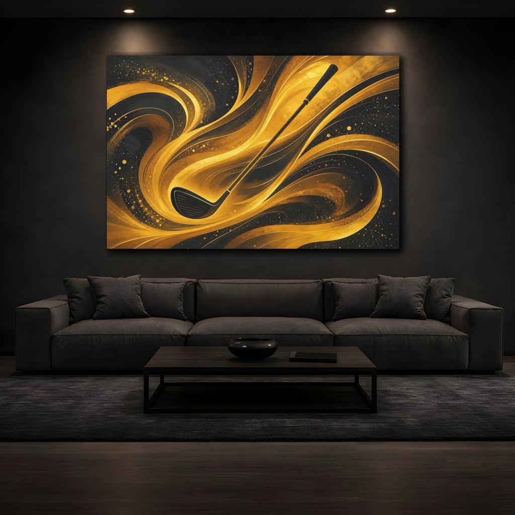 Mockup 3. Sports Golf Club Gold And Black shown as stretched canvas wall art