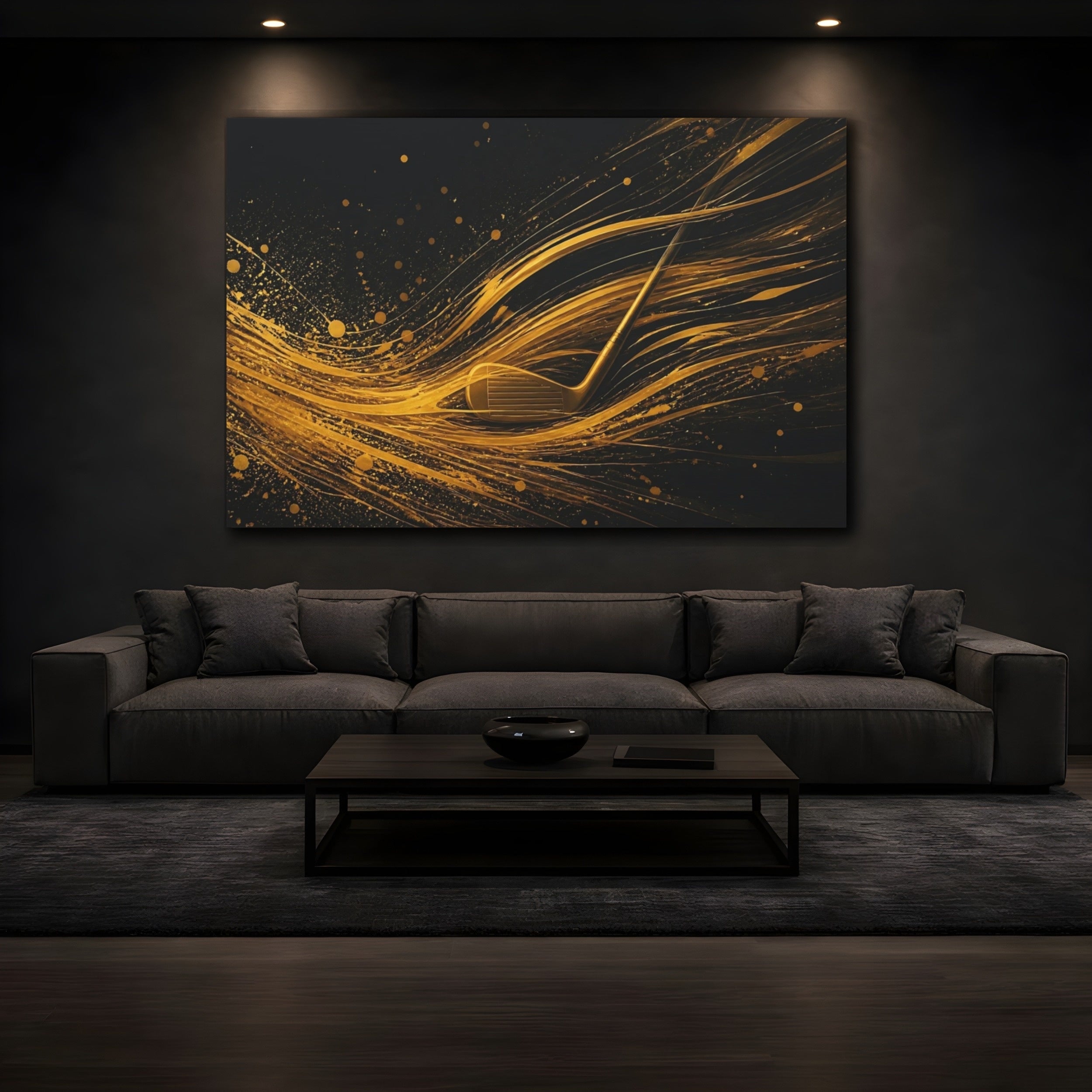 Mockup 3. Sports Golf Club Gold And Black shown as stretched canvas wall art