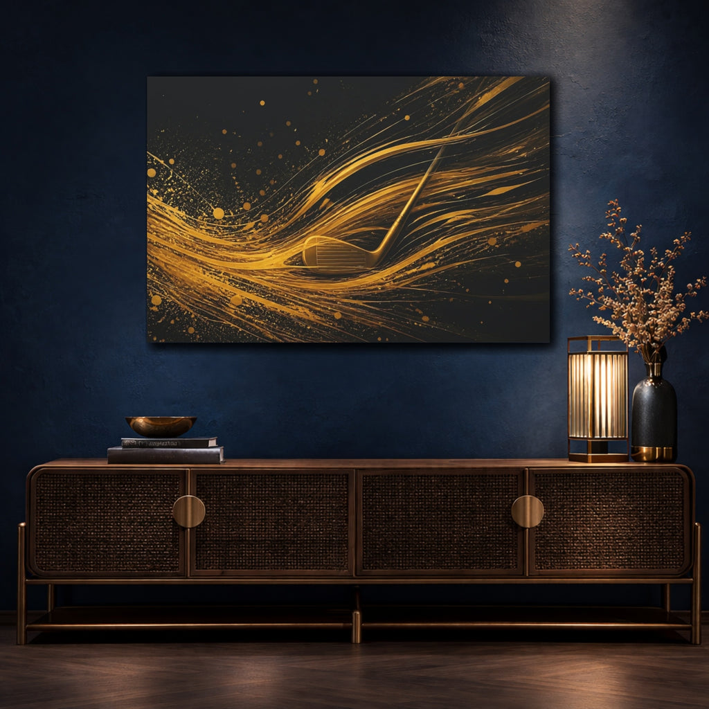 Mockup 4. Sports Golf Club Gold And Black shown as stretched canvas wall art