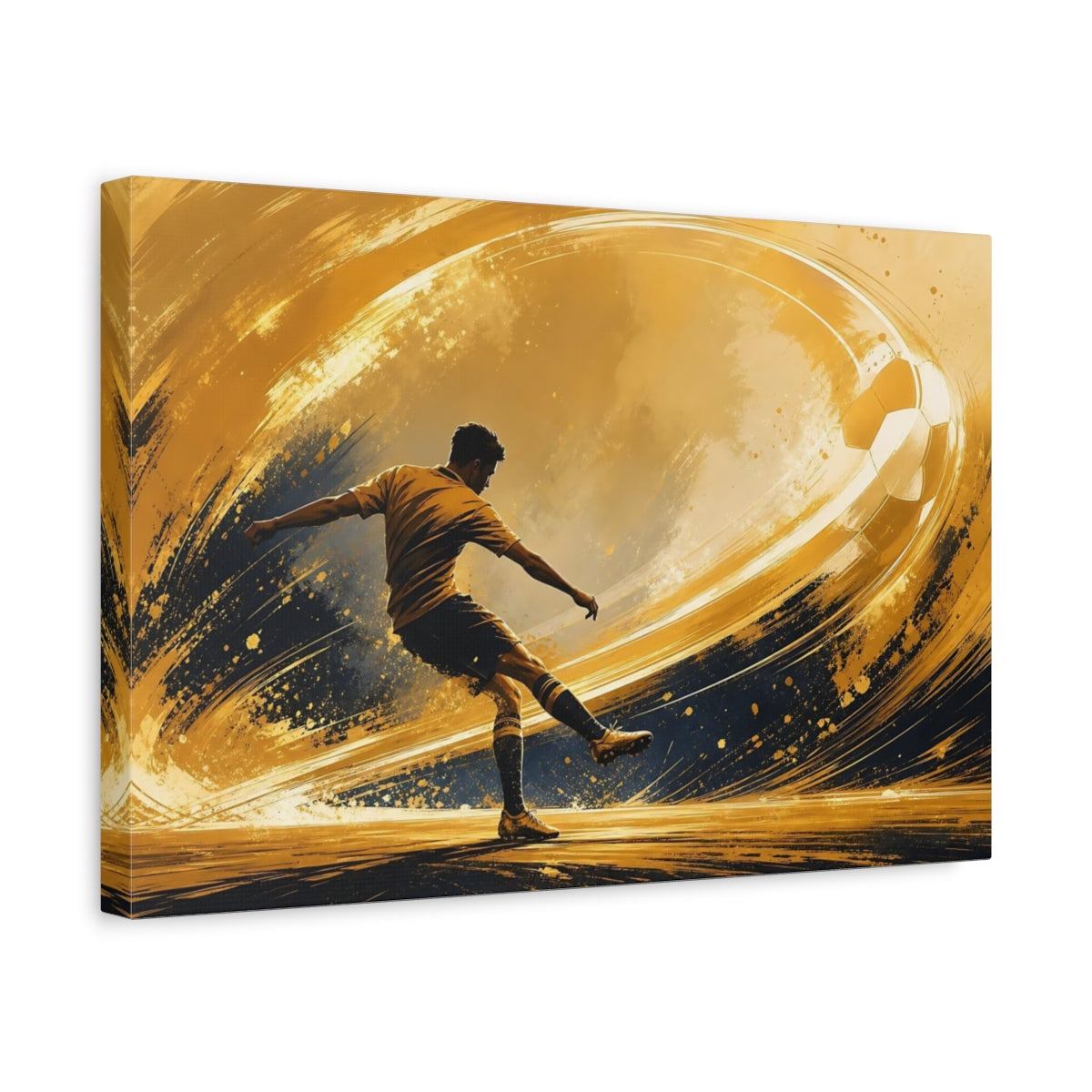 Side Mockup 4. Sports Soccer Player Golden Soccer shown as stretched canvas wall art