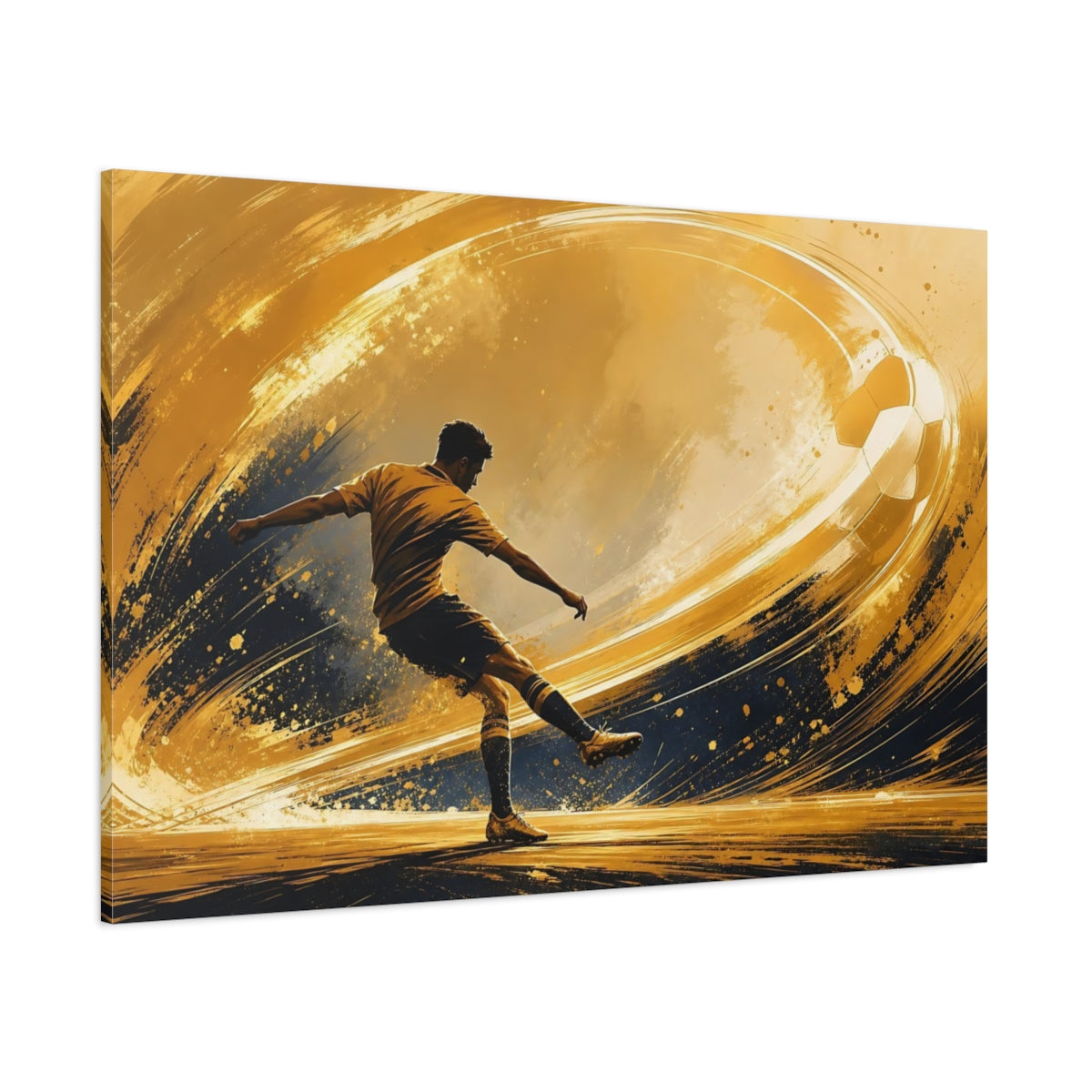 Side Mockup 1. Sports Soccer Player Golden Soccer shown as stretched canvas wall art