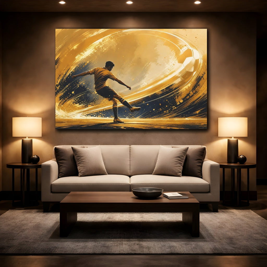 Mockup 2. Sports Soccer Player Golden Soccer shown as stretched canvas wall art