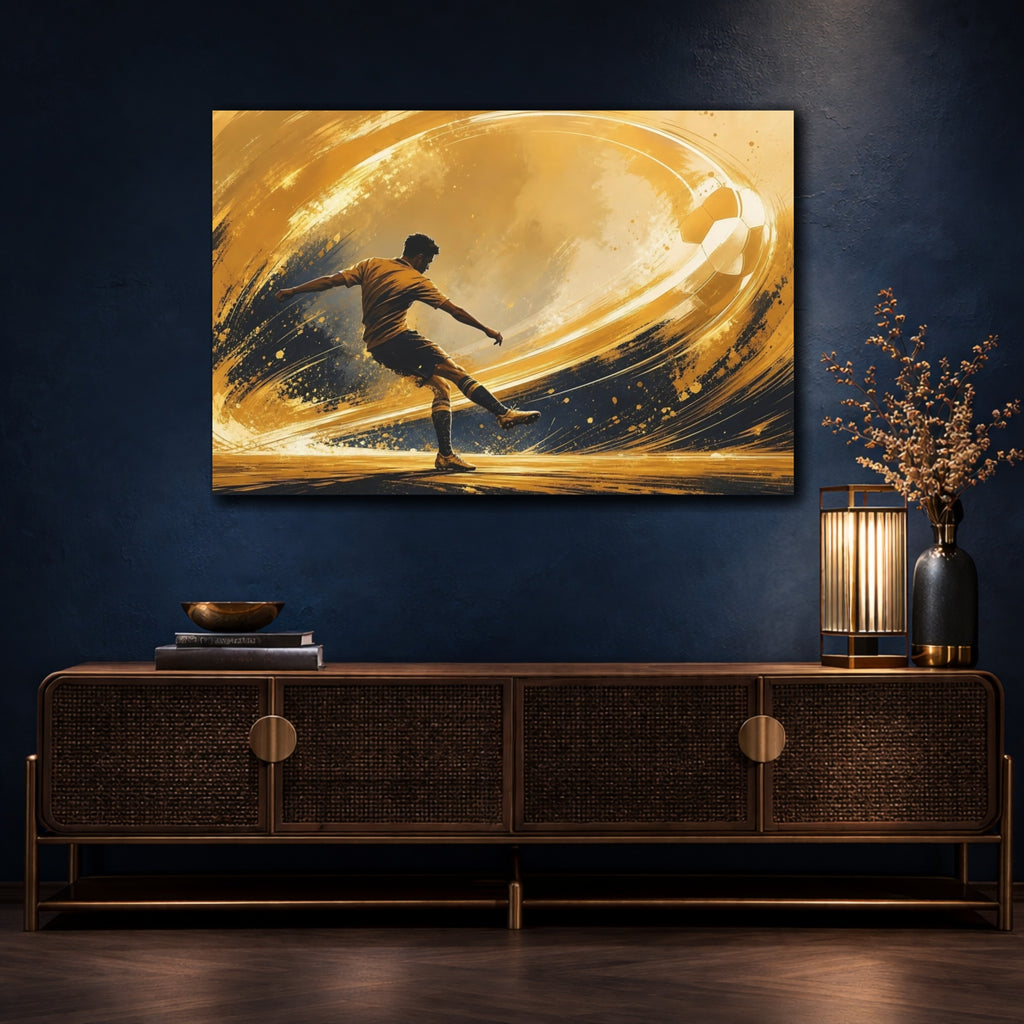 Mockup 4. Sports Soccer Player Golden Soccer shown as stretched canvas wall art