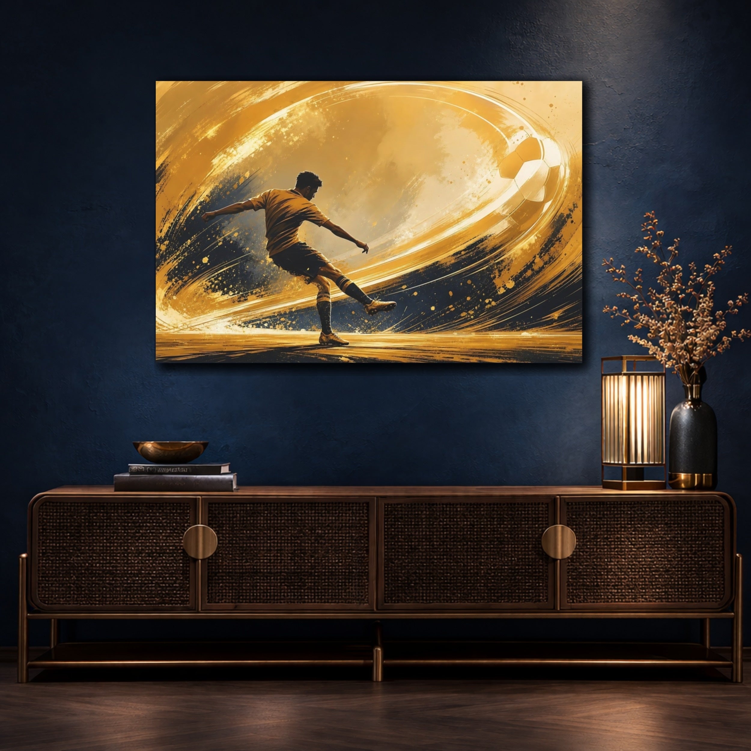 Mockup 4. Sports Soccer Player Golden Soccer shown as stretched canvas wall art