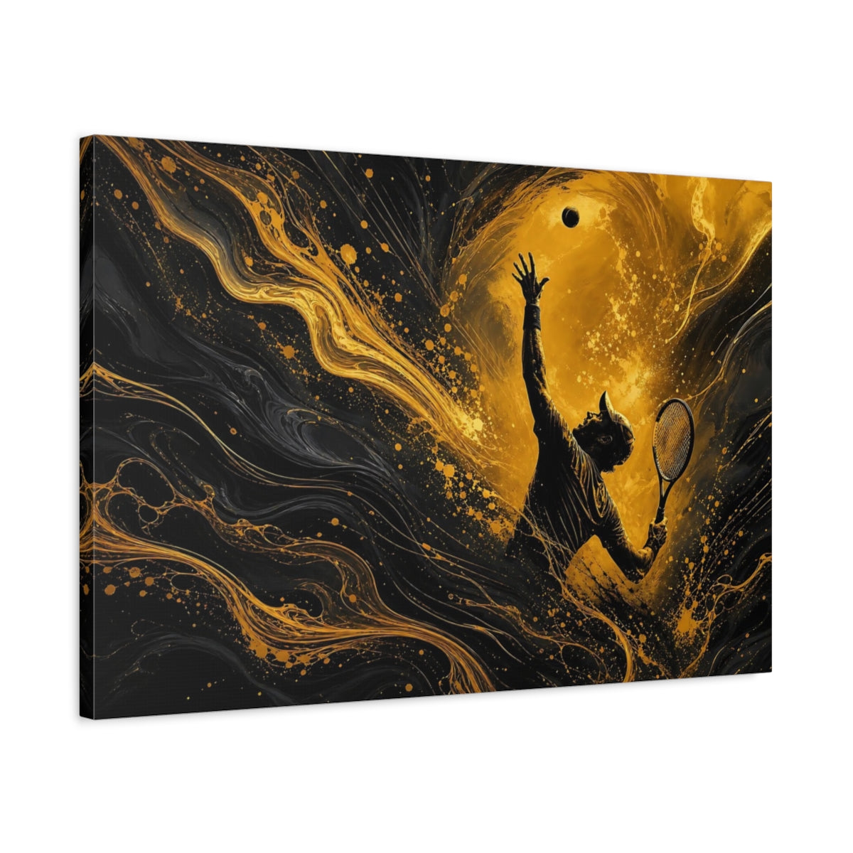 Side Mockup 2. Sports Tennis Player Gold And Black shown as stretched canvas wall art
