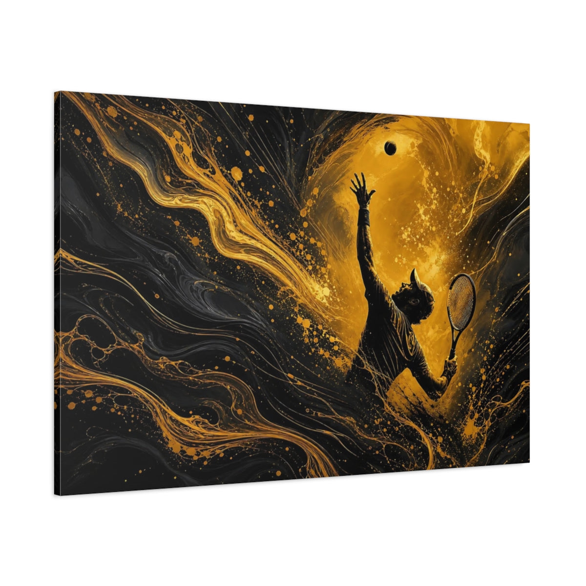 Side Mockup 1. Sports Tennis Player Gold And Black shown as stretched canvas wall art