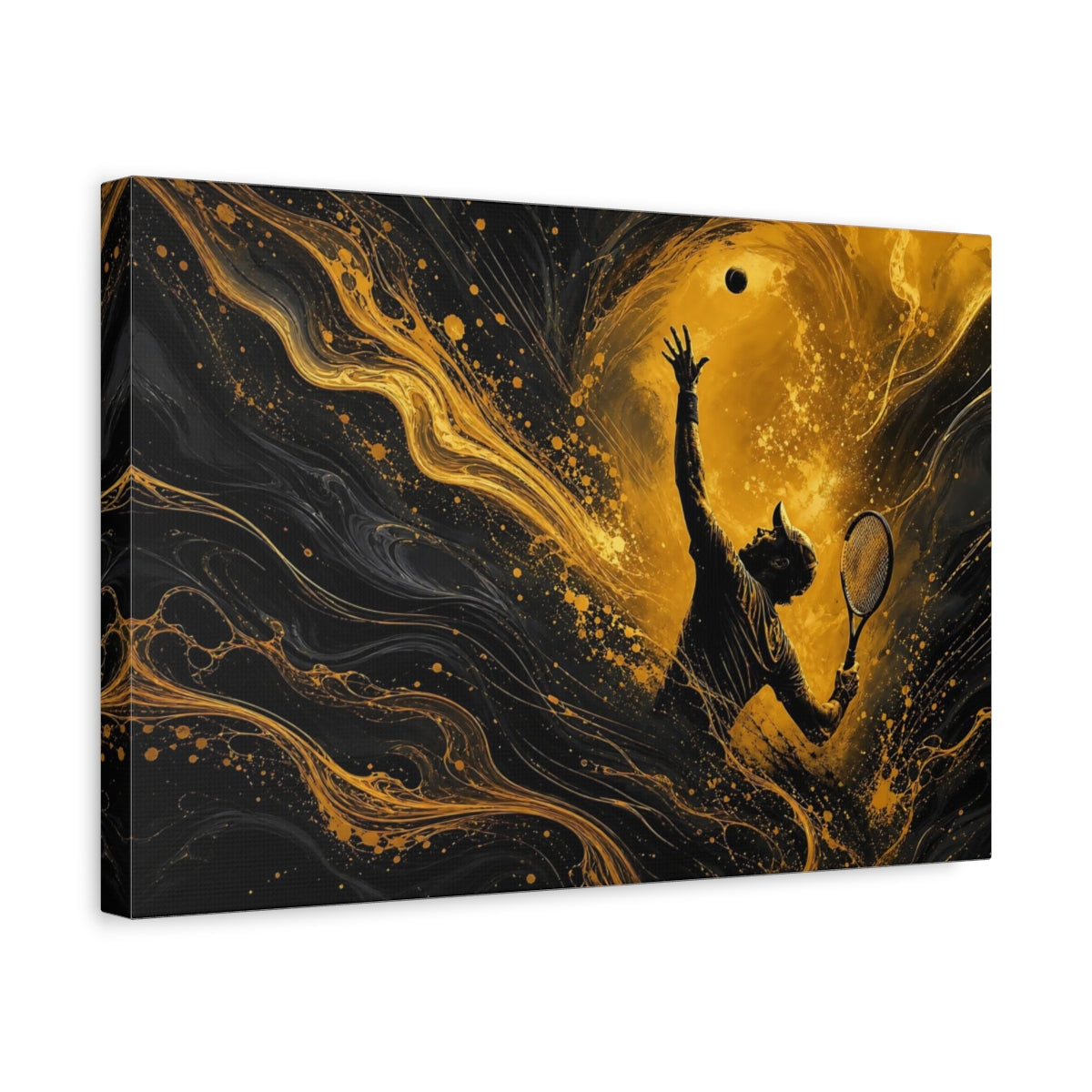 Side Mockup 4. Sports Tennis Player Gold And Black shown as stretched canvas wall art