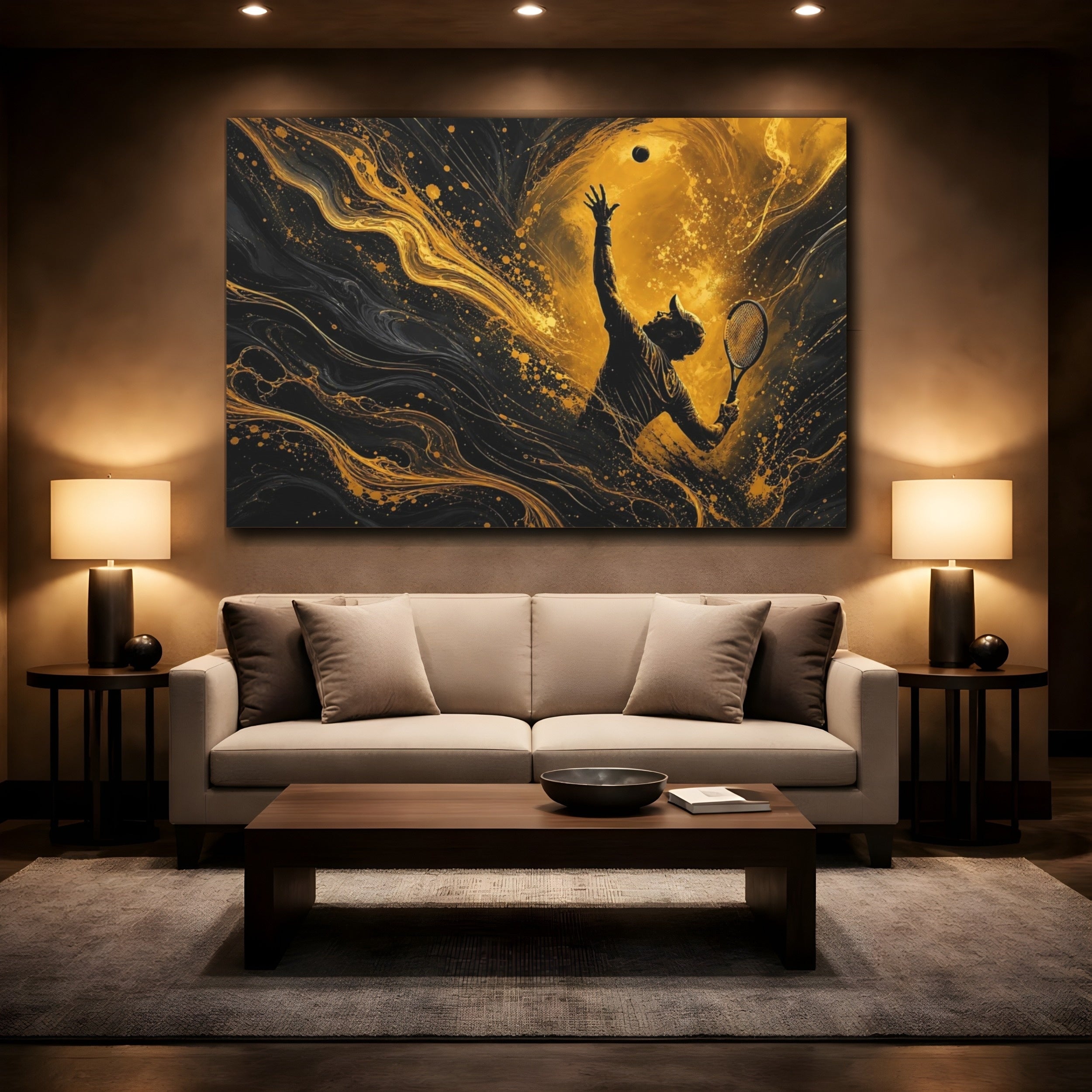 Mockup 2. Sports Tennis Player Gold And Black shown as stretched canvas wall art