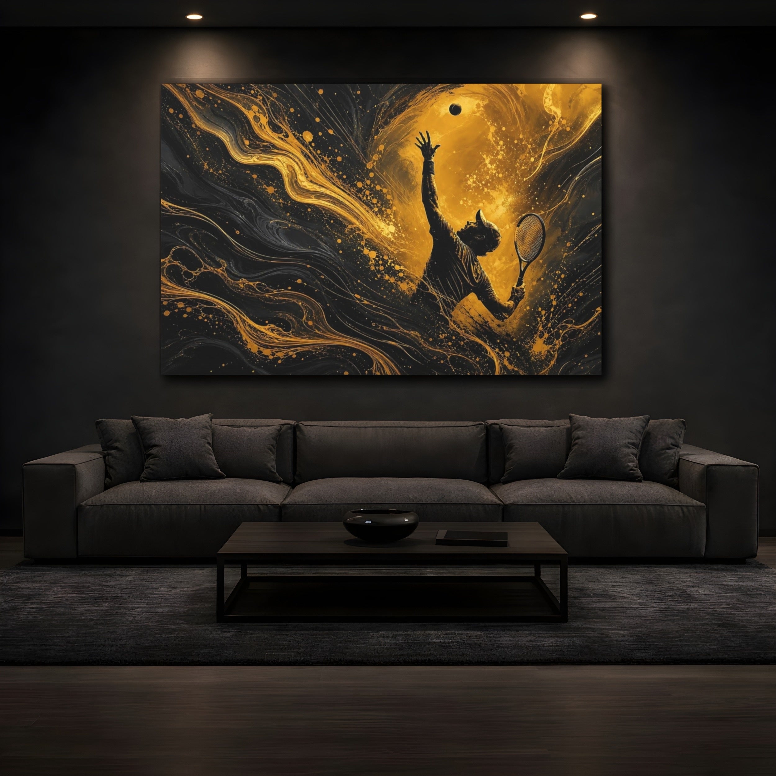 Mockup 3. Sports Tennis Player Gold And Black shown as stretched canvas wall art