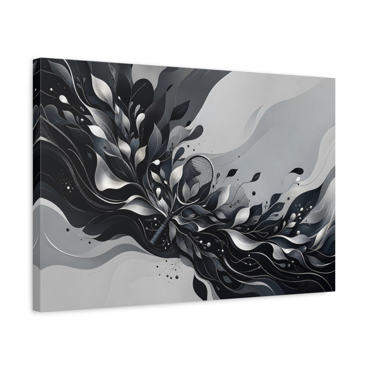 Side Mockup 3. Sports Tennis Racket Black And White shown as stretched canvas wall art
