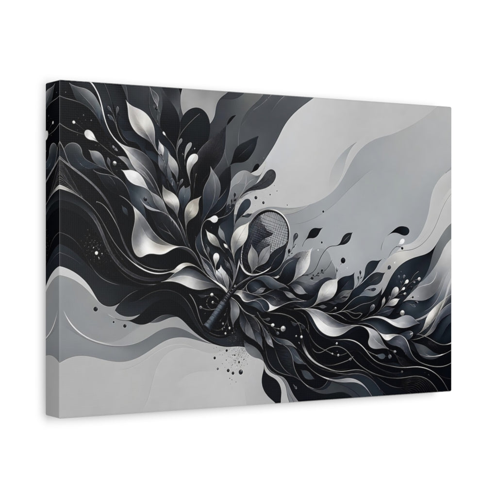 Side Mockup 4. Sports Tennis Racket Black And White shown as stretched canvas wall art
