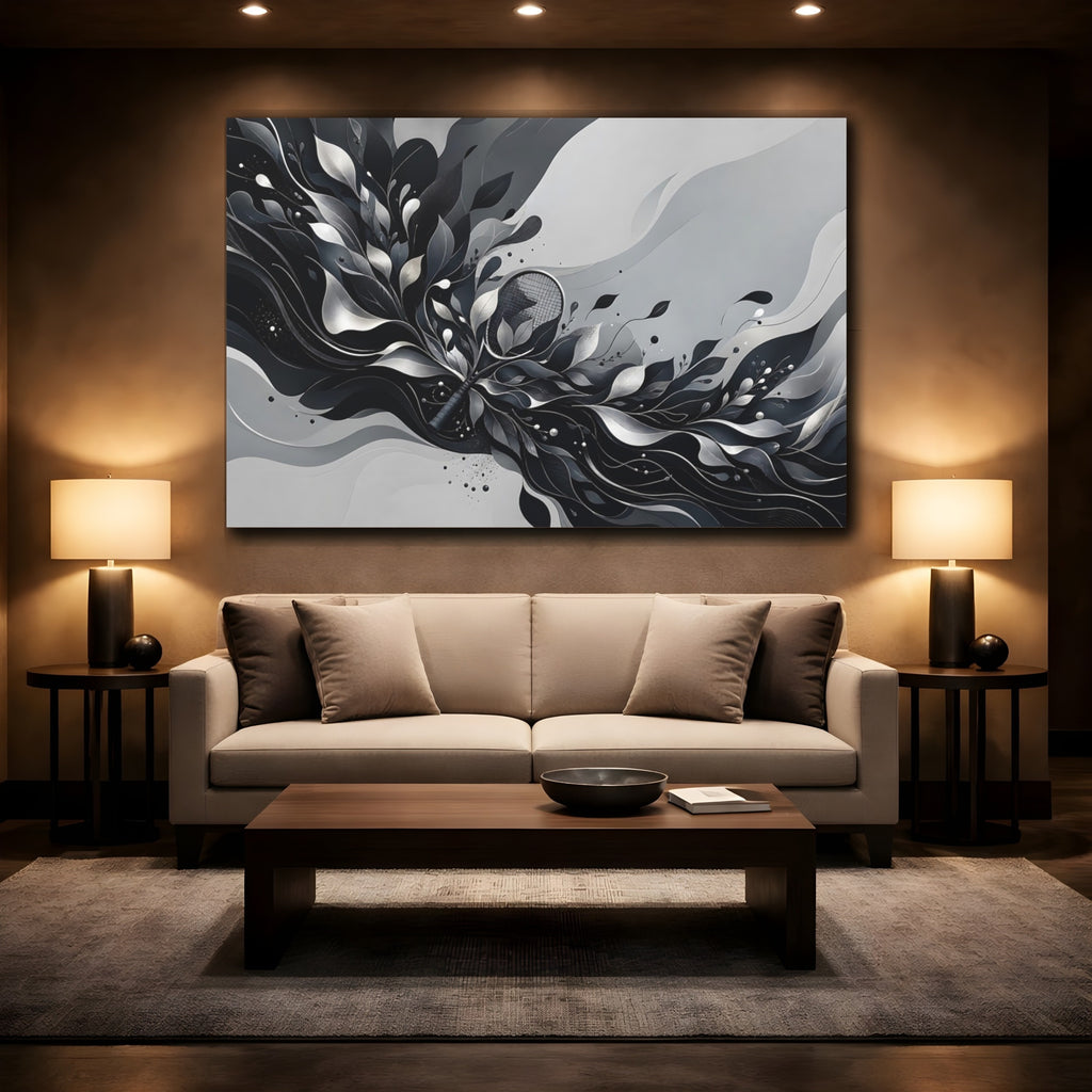 Mockup 2. Sports Tennis Racket Black And White shown as stretched canvas wall art