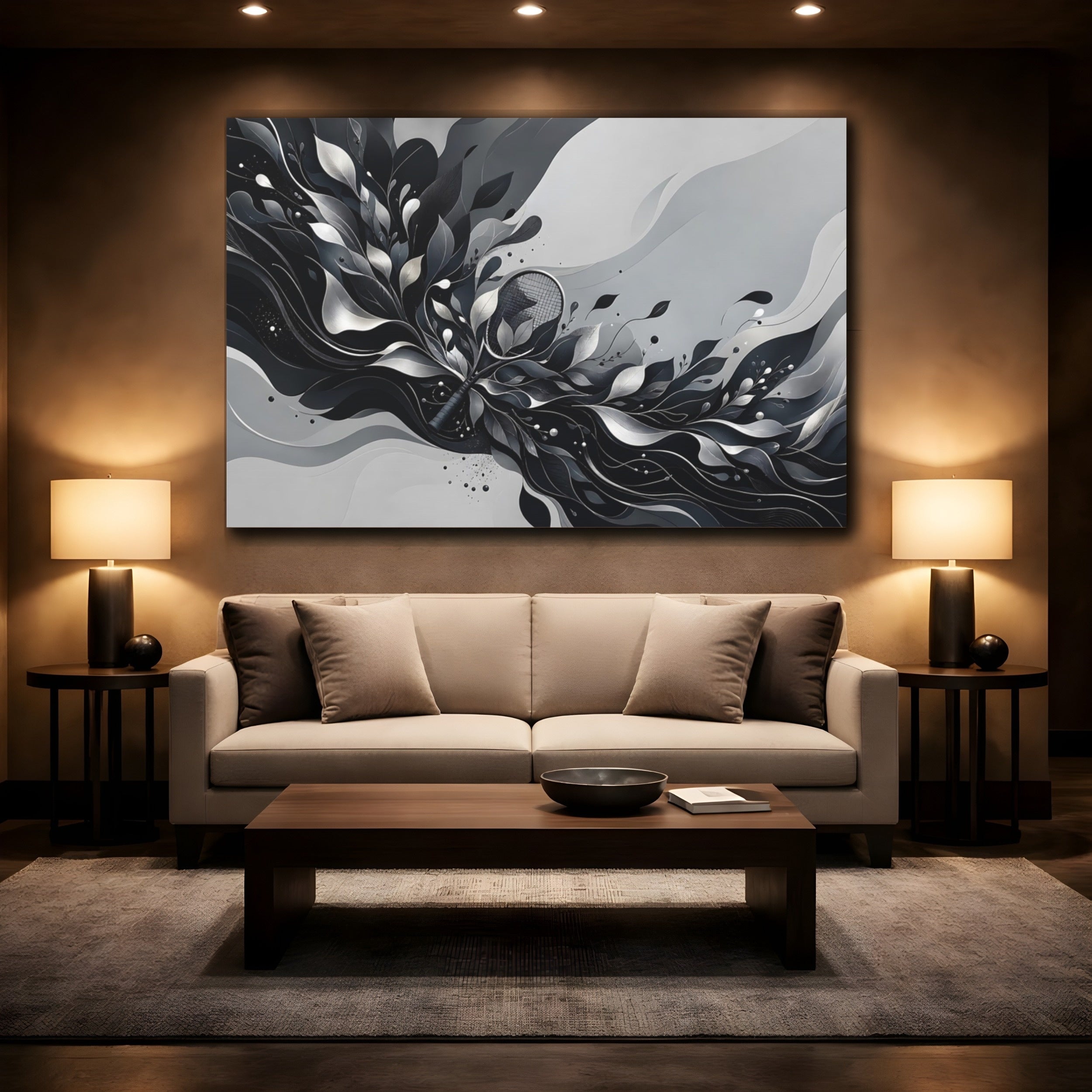 Mockup 2. Sports Tennis Racket Black And White shown as stretched canvas wall art