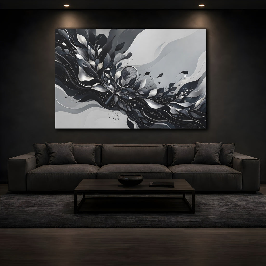 Mockup 3. Sports Tennis Racket Black And White shown as stretched canvas wall art