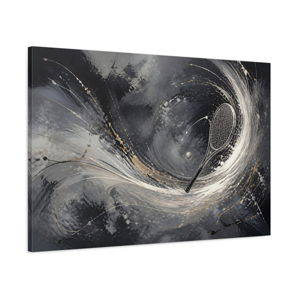 Main Mockup. Sports Tennis Racket Black White Gold shown as stretched canvas wall art