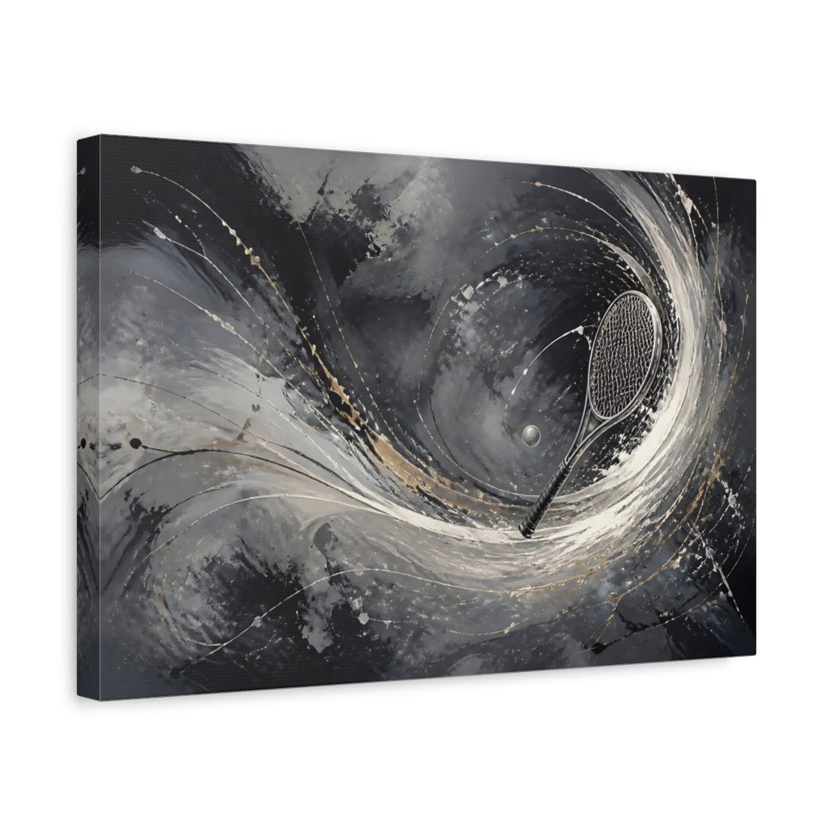 Side Mockup 4. Sports Tennis Racket Black White Gold shown as stretched canvas wall art