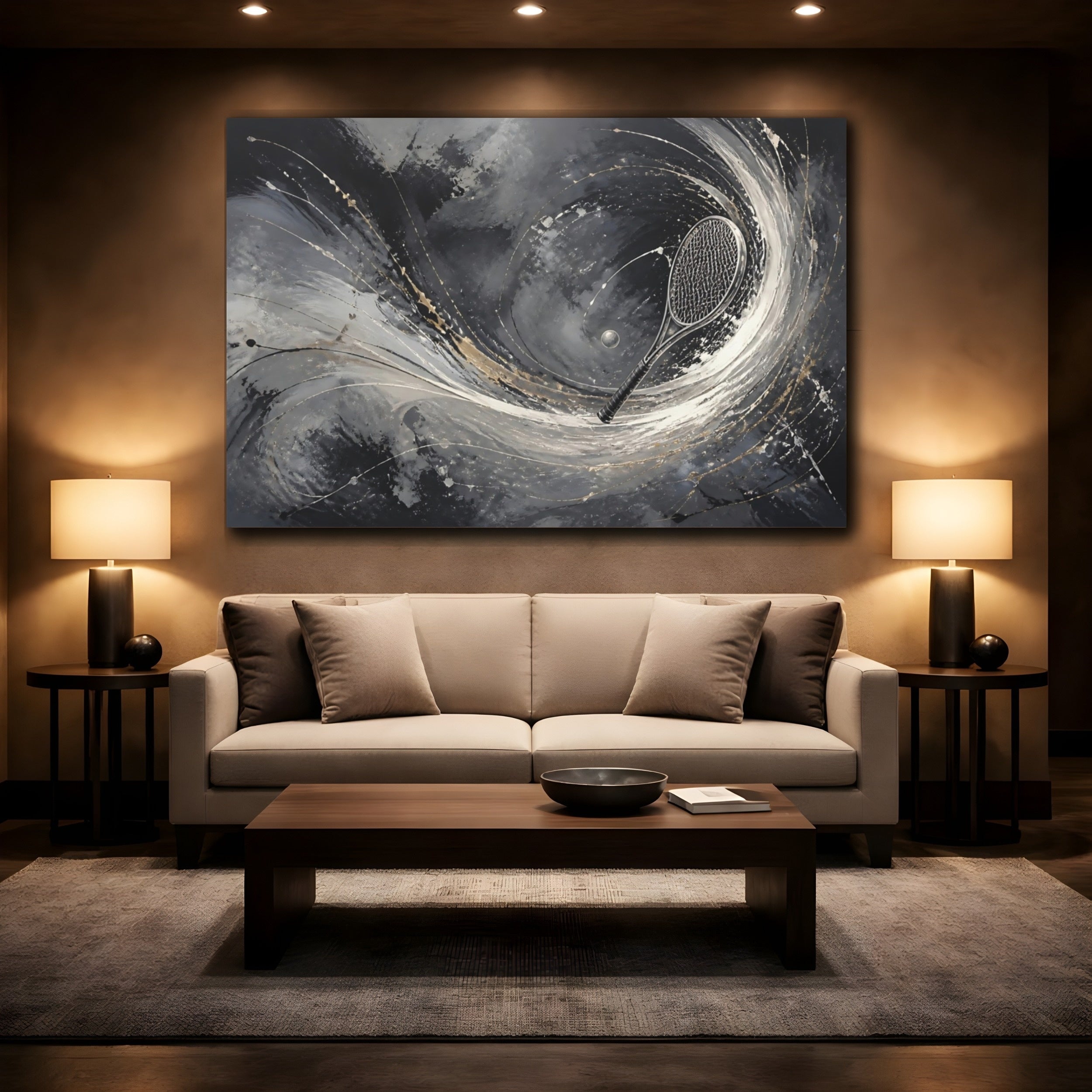 Mockup 2. Sports Tennis Racket Black White Gold shown as stretched canvas wall art