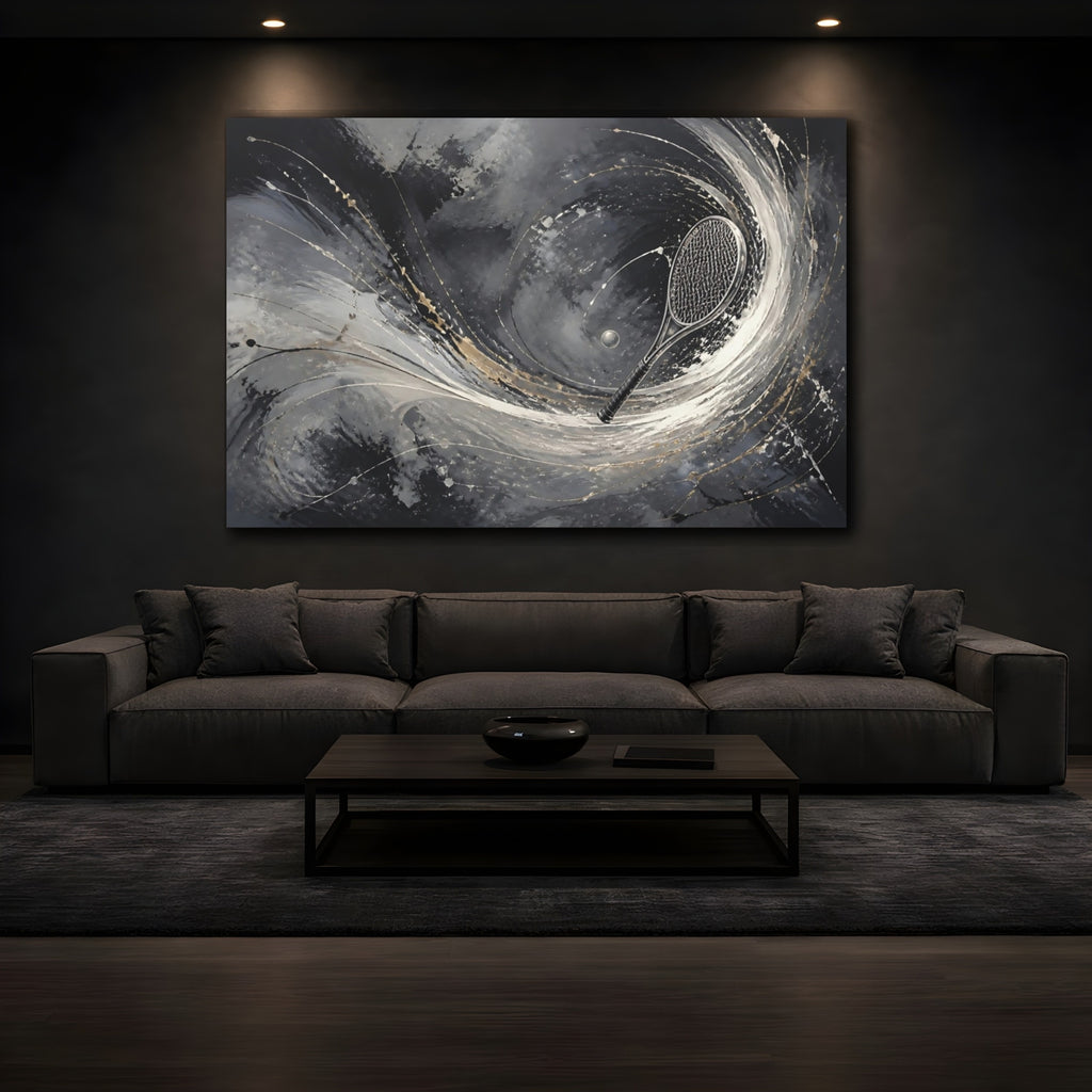 Mockup 3. Sports Tennis Racket Black White Gold shown as stretched canvas wall art