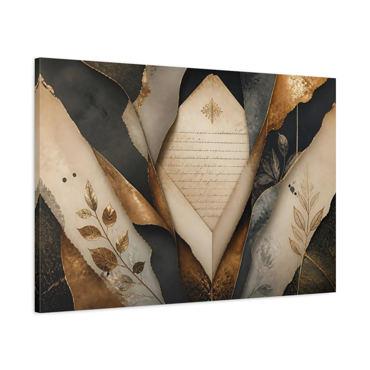 Main Mockup. Vintage Aged Paper Gold And Black shown as stretched canvas wall art