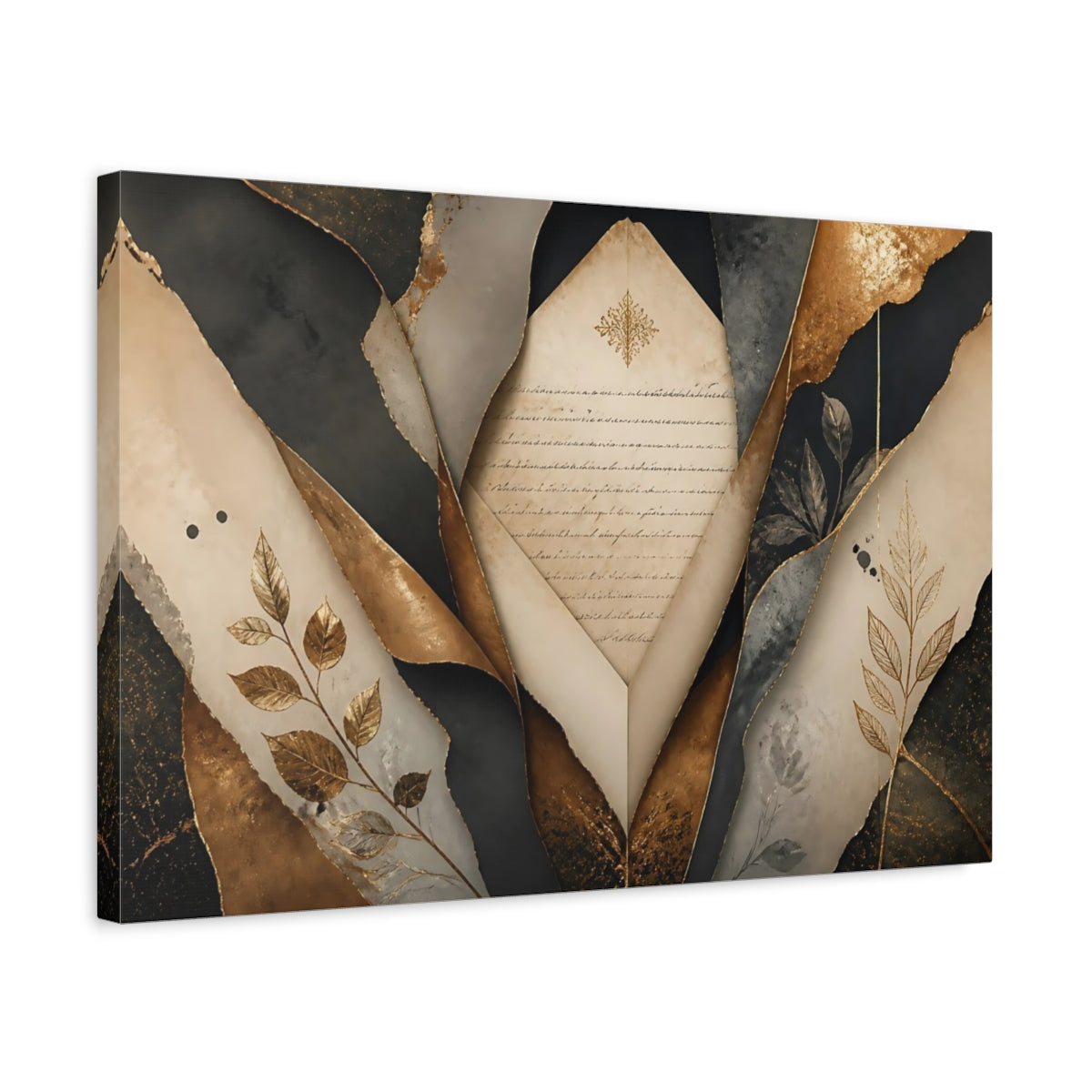Side Mockup 3. Vintage Aged Paper Gold And Black shown as stretched canvas wall art