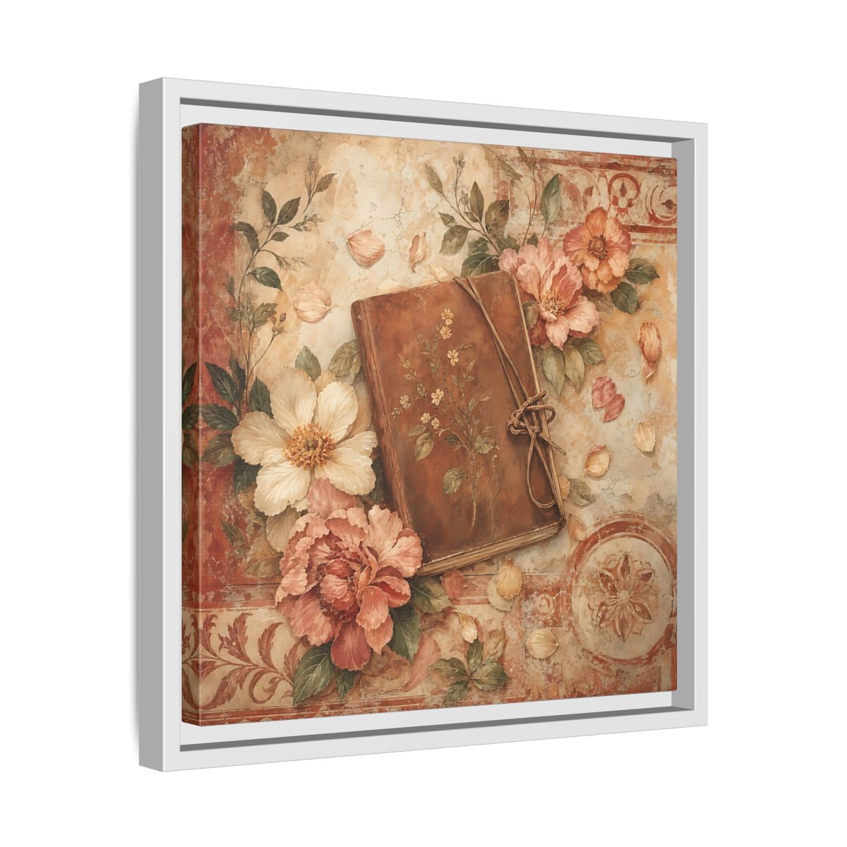 Side Mockup 28. Vintage Vintage Book Vintage Floral Book shown as stretched canvas wall art