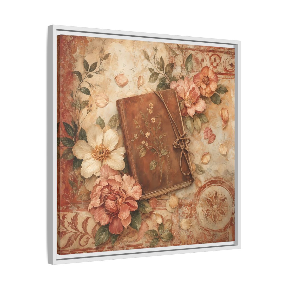 Side Mockup 26. Vintage Vintage Book Vintage Floral Book shown as stretched canvas wall art