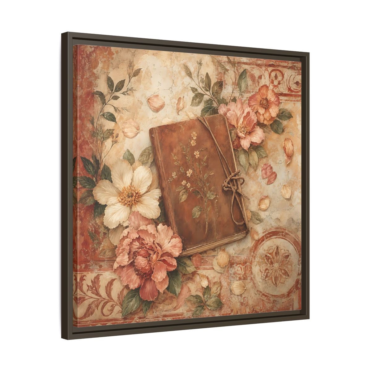 Side Mockup 27. Vintage Vintage Book Vintage Floral Book shown as stretched canvas wall art