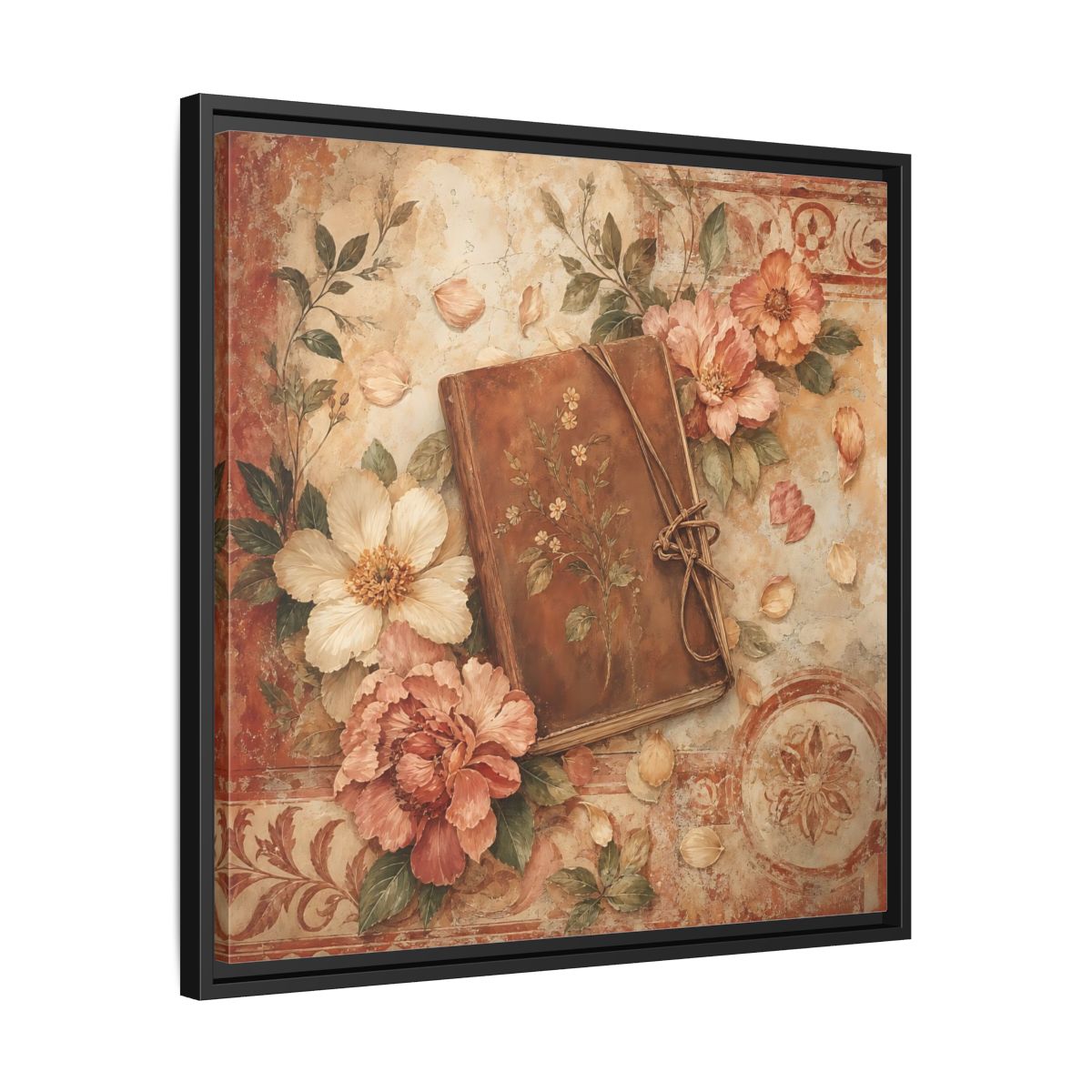 Side Mockup 31. Vintage Vintage Book Vintage Floral Book shown as stretched canvas wall art