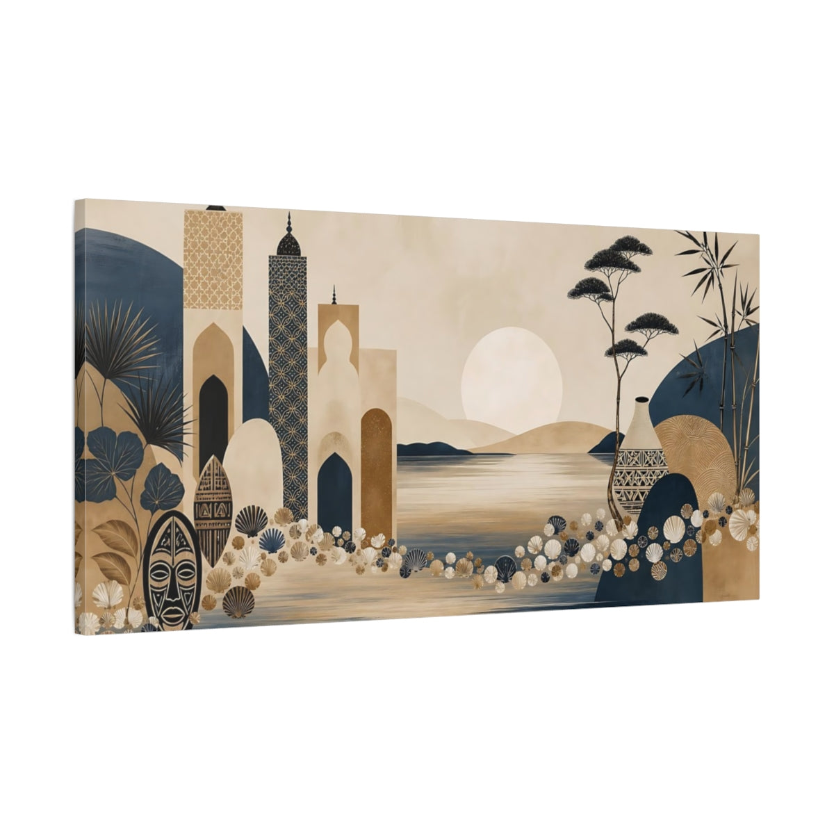 Main Mockup. Vintage Ethnic Oasis Ethnic Landscape shown as stretched canvas wall art