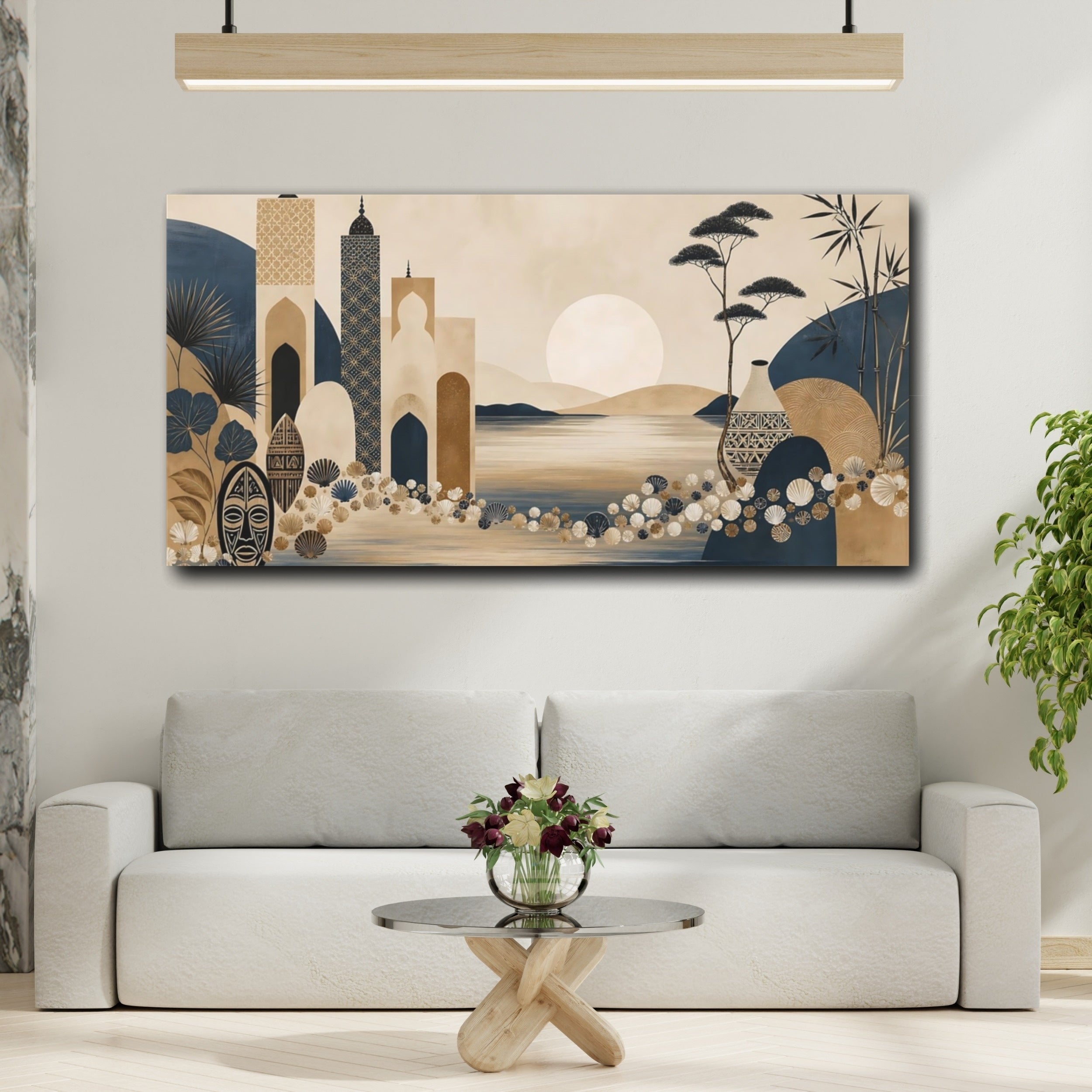 Mockup 2. Vintage Ethnic Oasis Ethnic Landscape shown as stretched canvas wall art