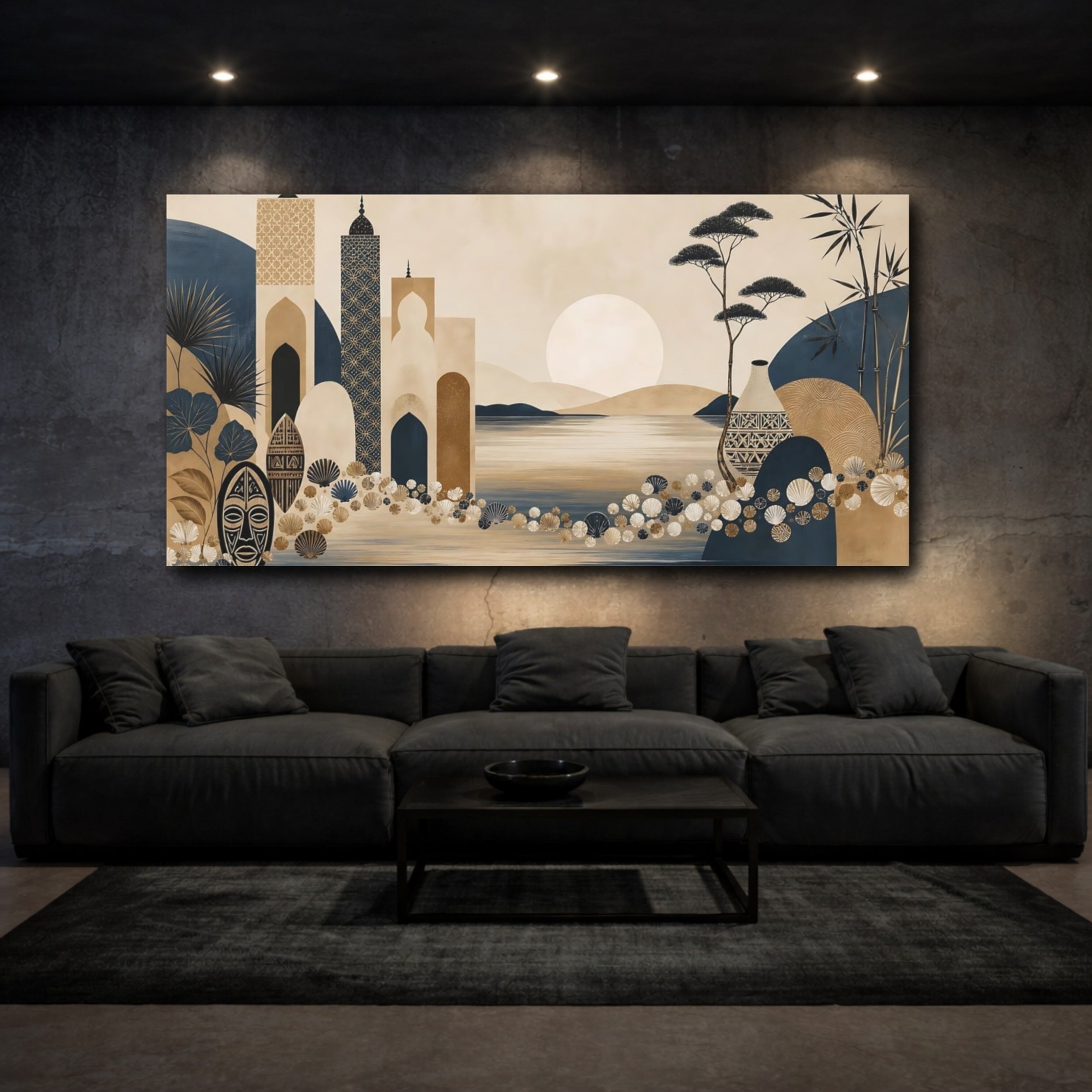 Mockup 3. Vintage Ethnic Oasis Ethnic Landscape shown as stretched canvas wall art