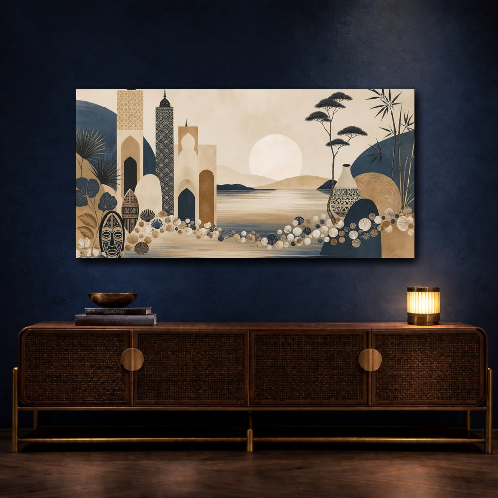 Mockup 4. Vintage Ethnic Oasis Ethnic Landscape shown as stretched canvas wall art