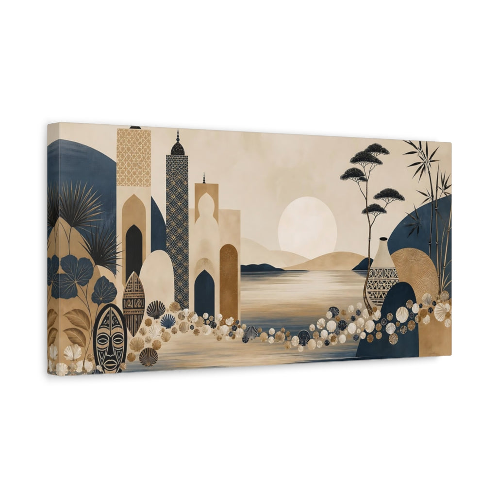 Side Mockup 3. Vintage Ethnic Oasis Ethnic Landscape shown as stretched canvas wall art