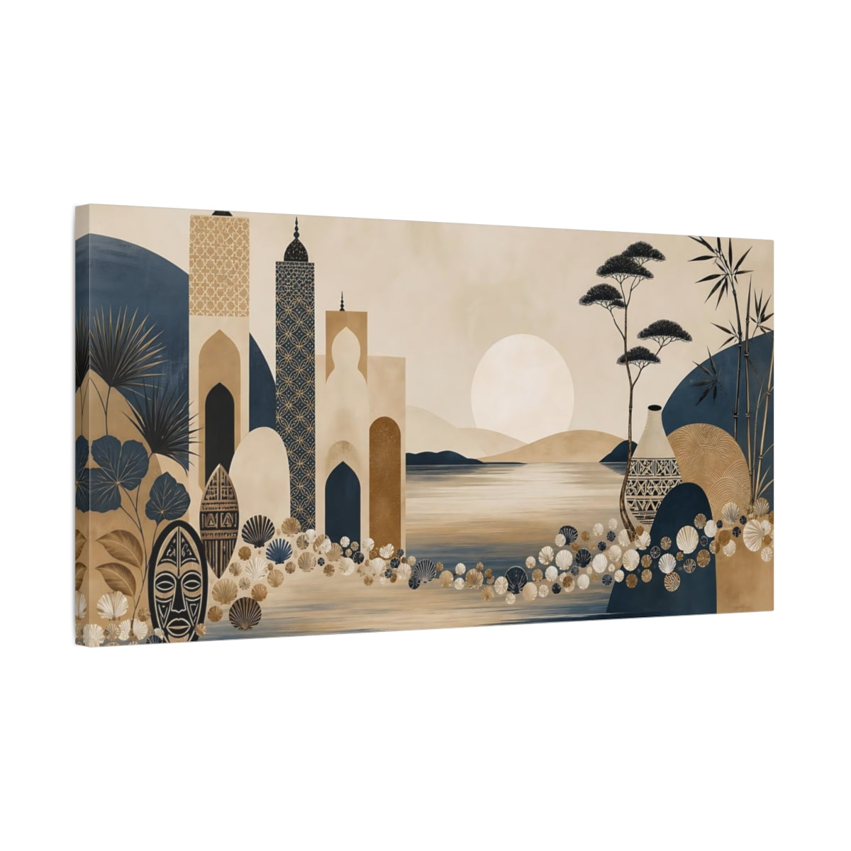 Side Mockup 1. Vintage Ethnic Oasis Ethnic Landscape shown as stretched canvas wall art