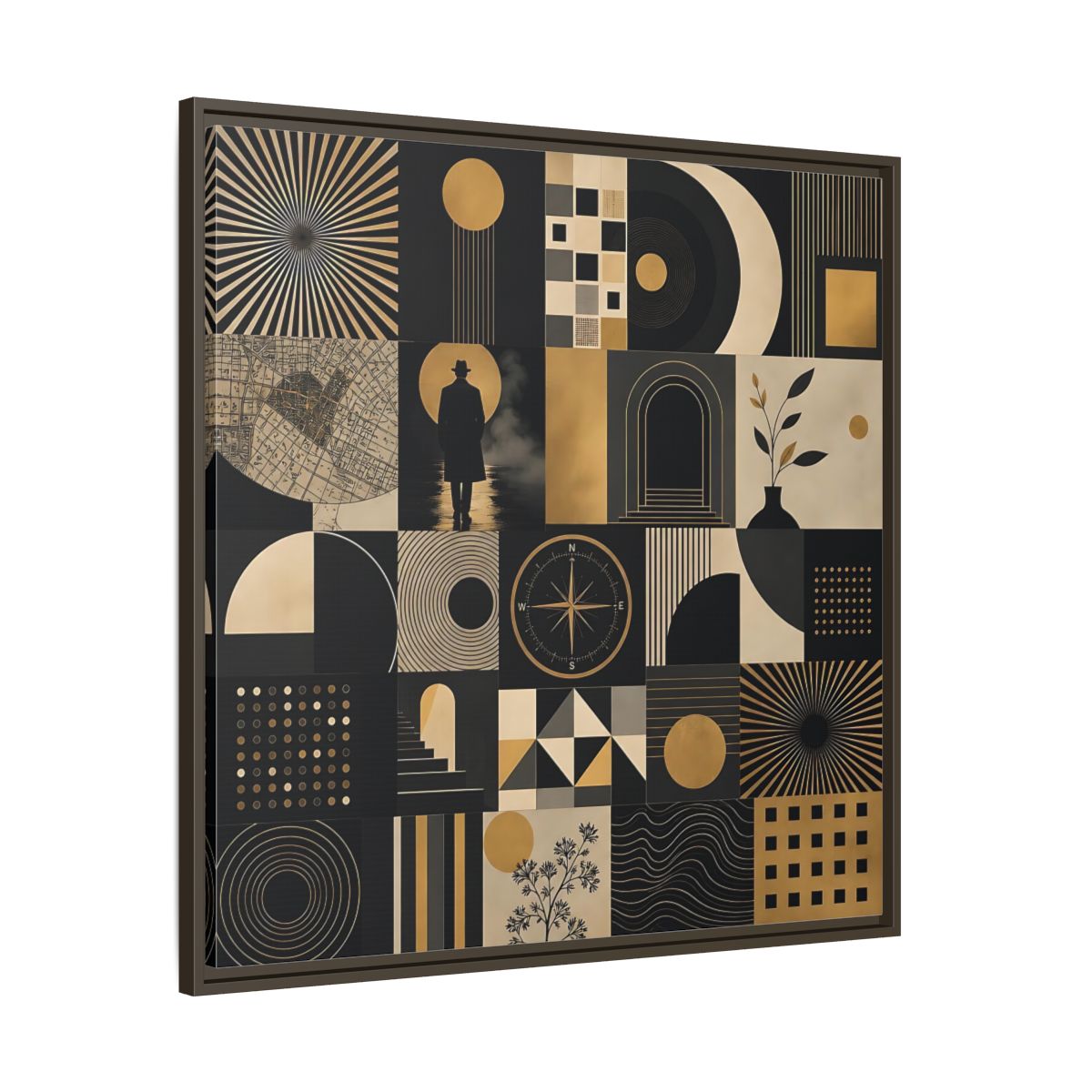 Main Mockup. Vintage Geometric Collage Black Gold Abstract shown as stretched canvas wall art