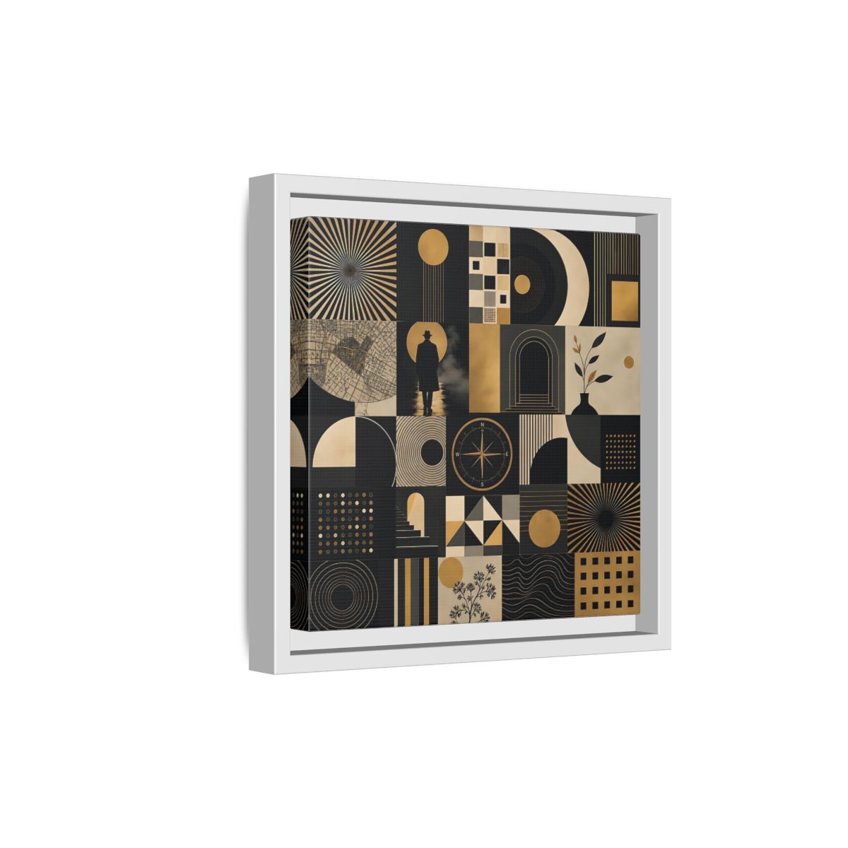 Side Mockup 19. Vintage Geometric Collage Black Gold Abstract shown as stretched canvas wall art