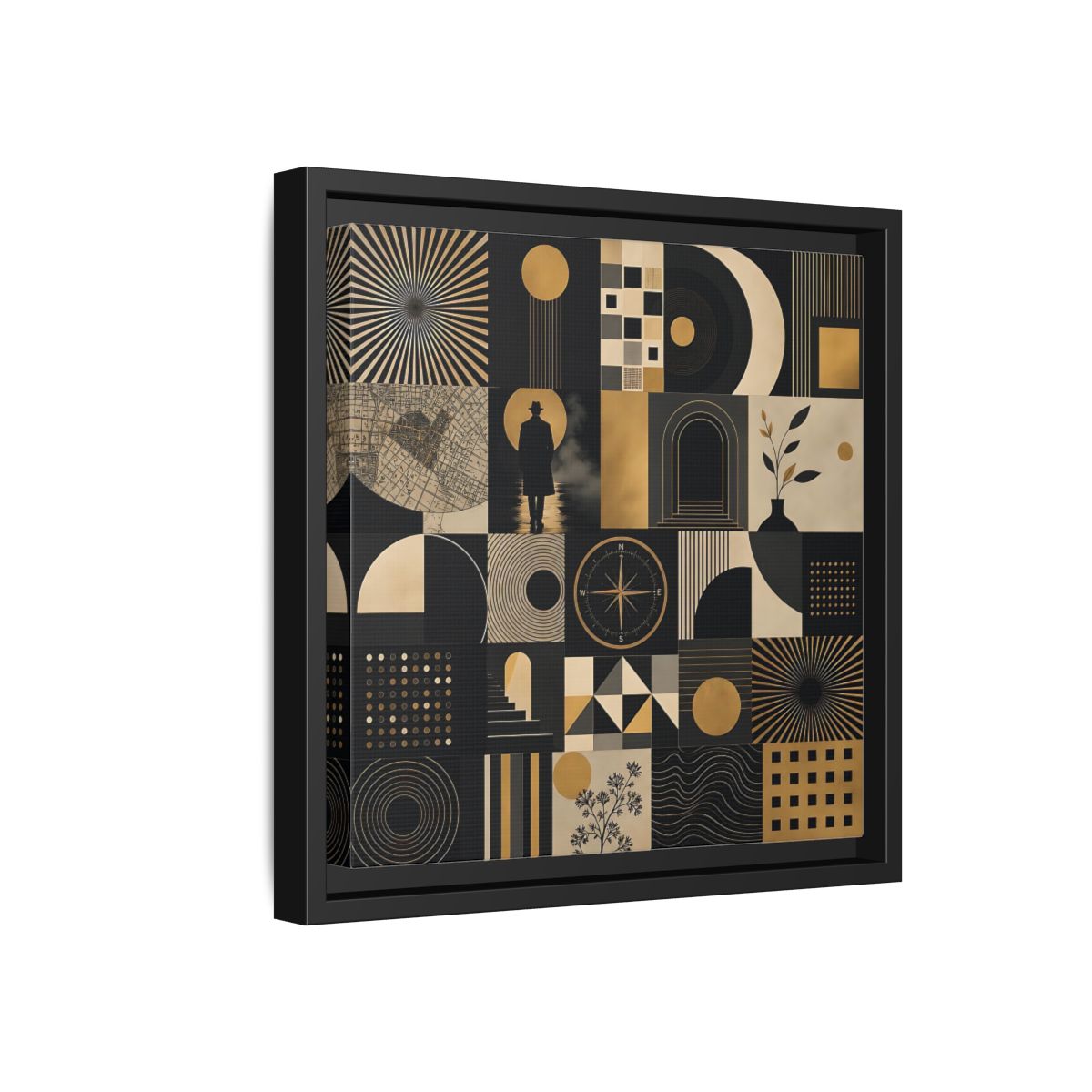 Side Mockup 18. Vintage Geometric Collage Black Gold Abstract shown as stretched canvas wall art