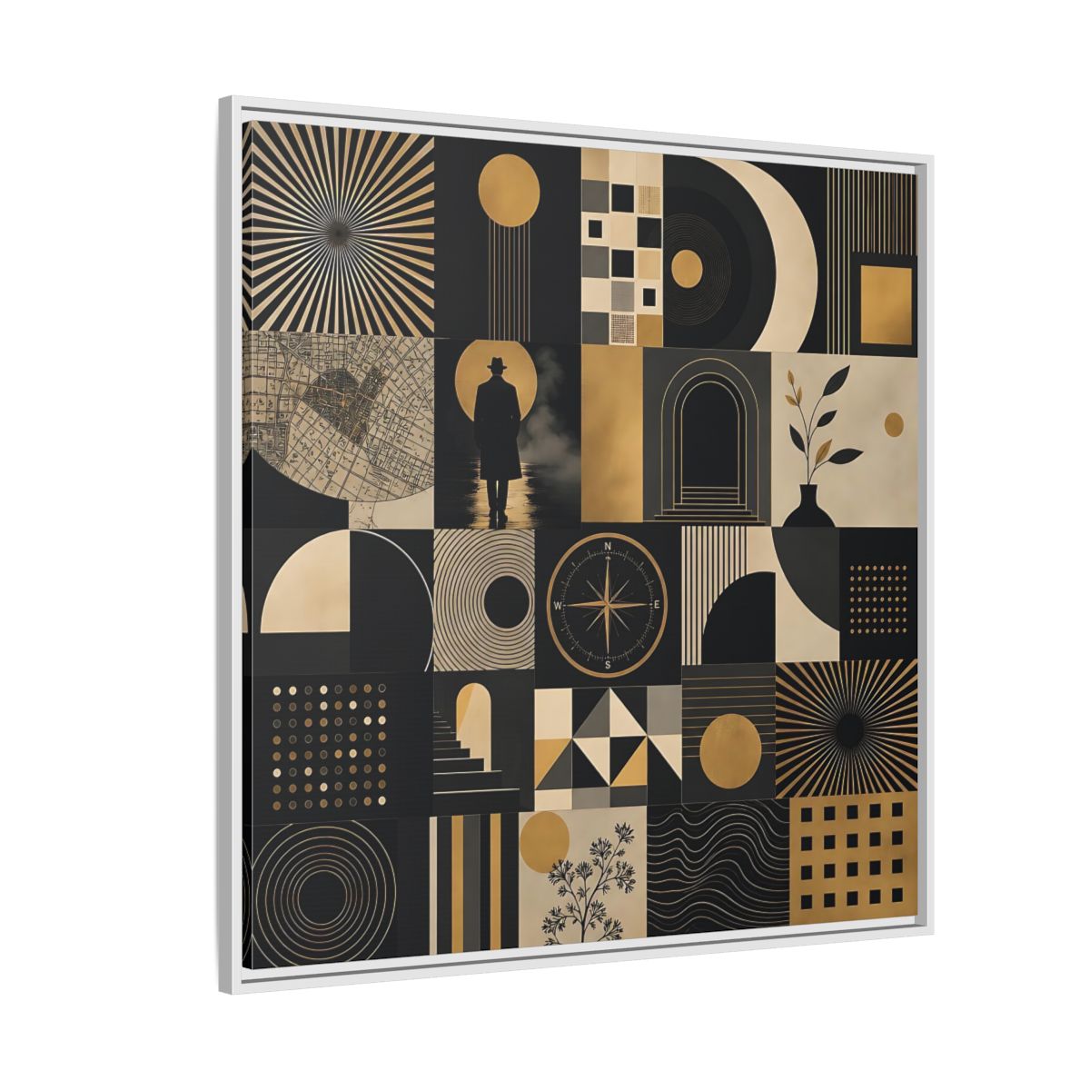 Side Mockup 4. Vintage Geometric Collage Black Gold Abstract shown as stretched canvas wall art