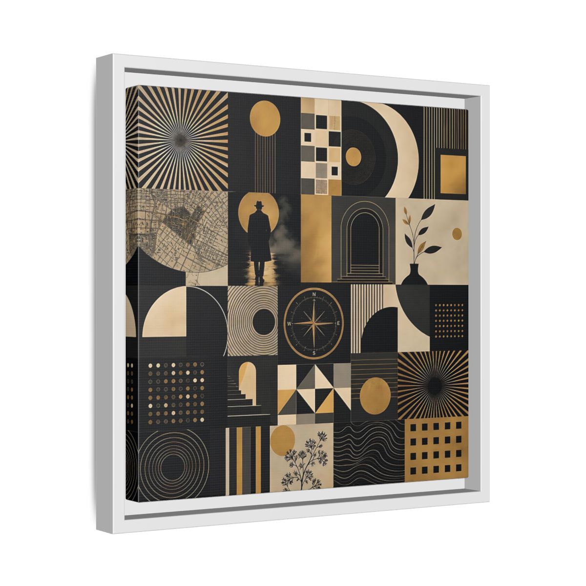 Side Mockup 28. Vintage Geometric Collage Black Gold Abstract shown as stretched canvas wall art