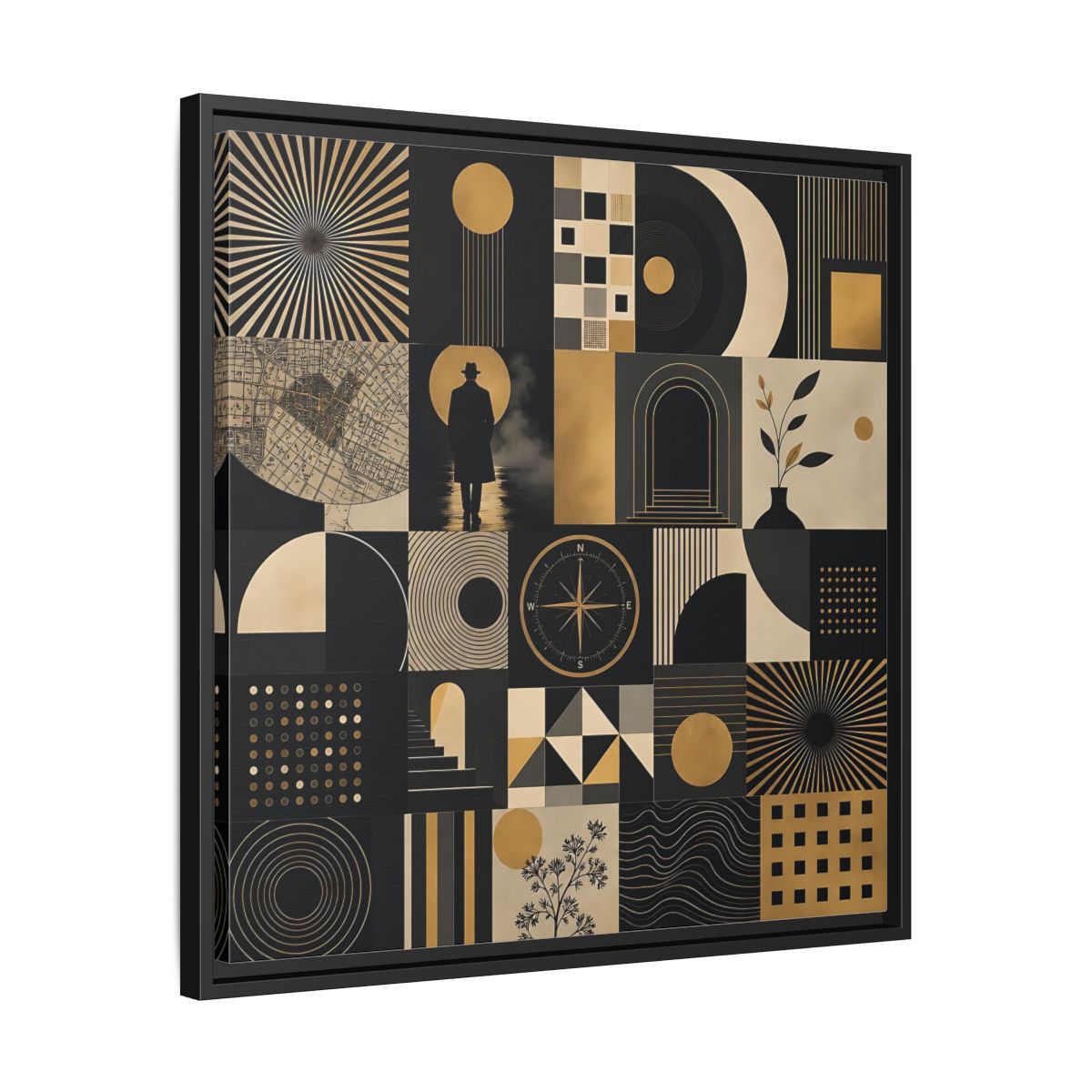 Side Mockup 31. Vintage Geometric Collage Black Gold Abstract shown as stretched canvas wall art