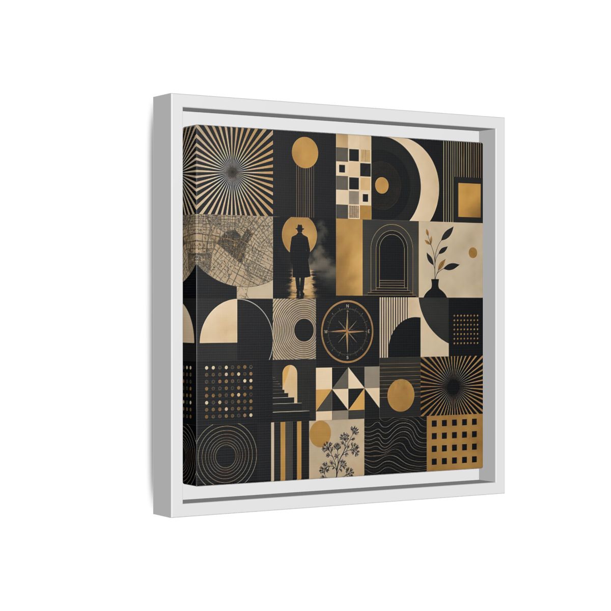 Side Mockup 16. Vintage Geometric Collage Black Gold Abstract shown as stretched canvas wall art