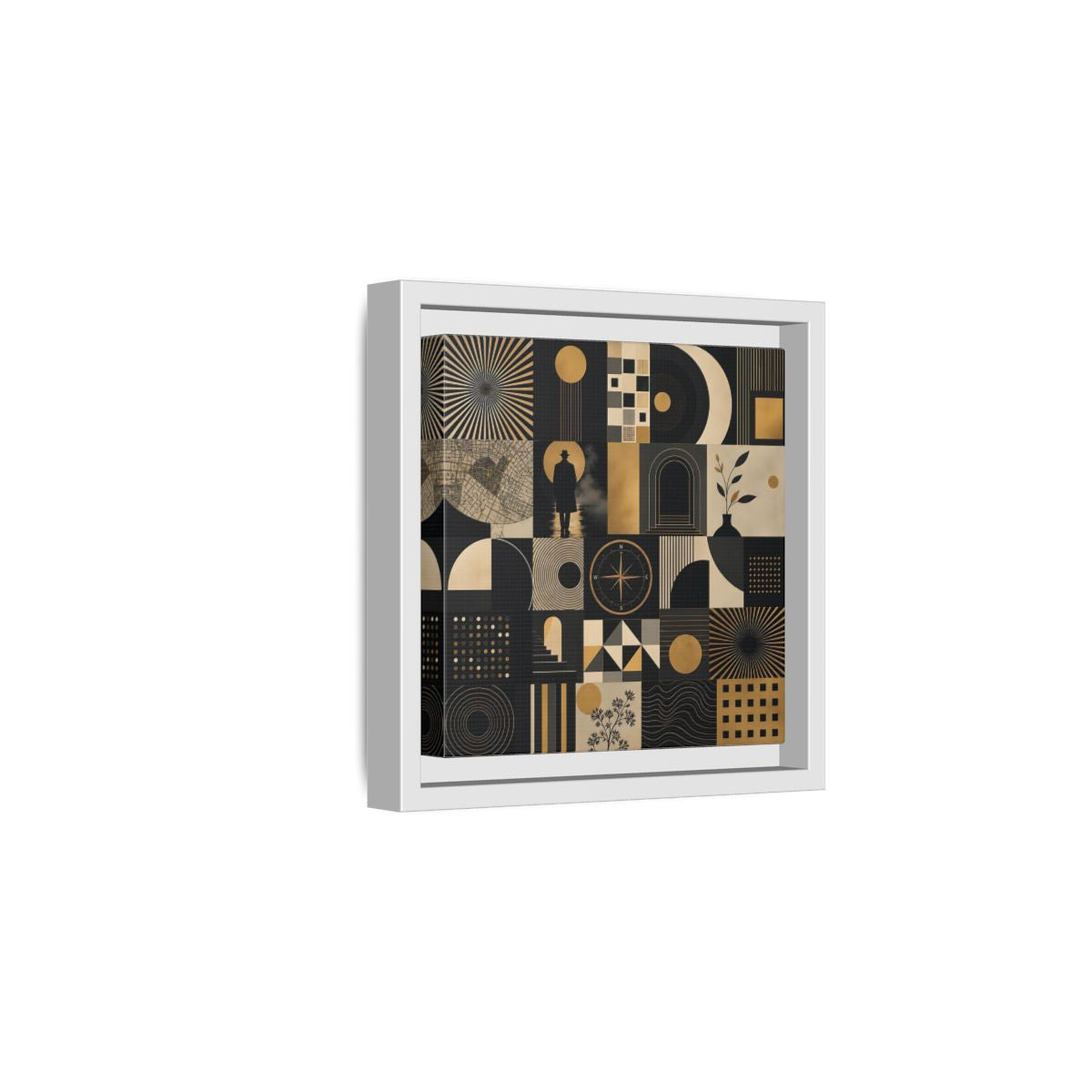 Side Mockup 1. Vintage Geometric Collage Black Gold Abstract shown as stretched canvas wall art