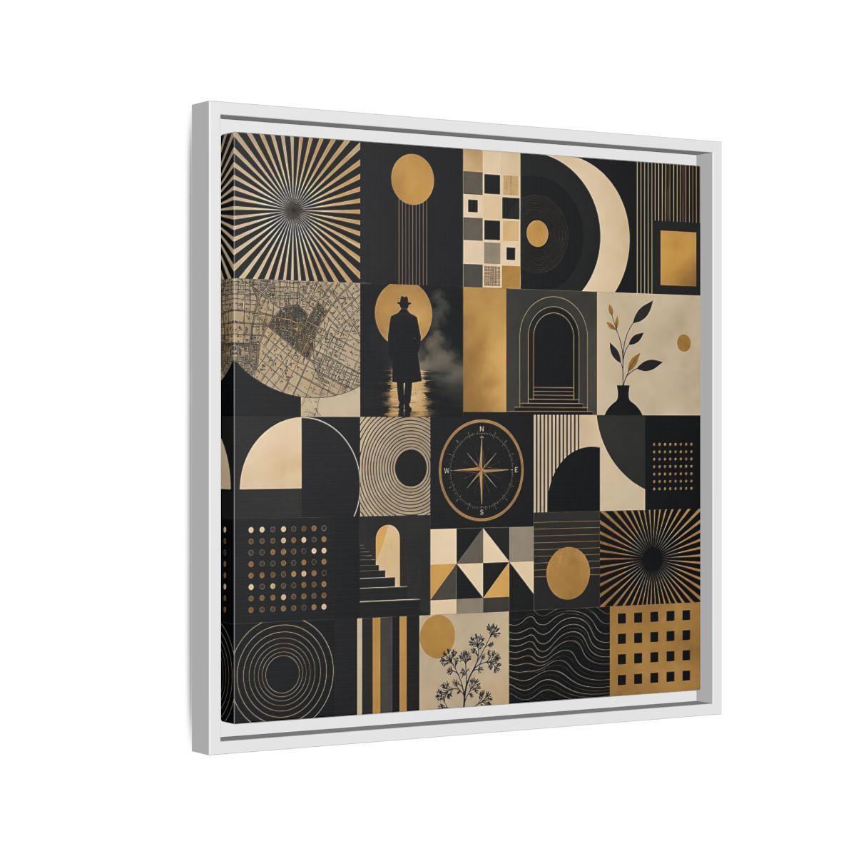 Side Mockup 10. Vintage Geometric Collage Black Gold Abstract shown as stretched canvas wall art