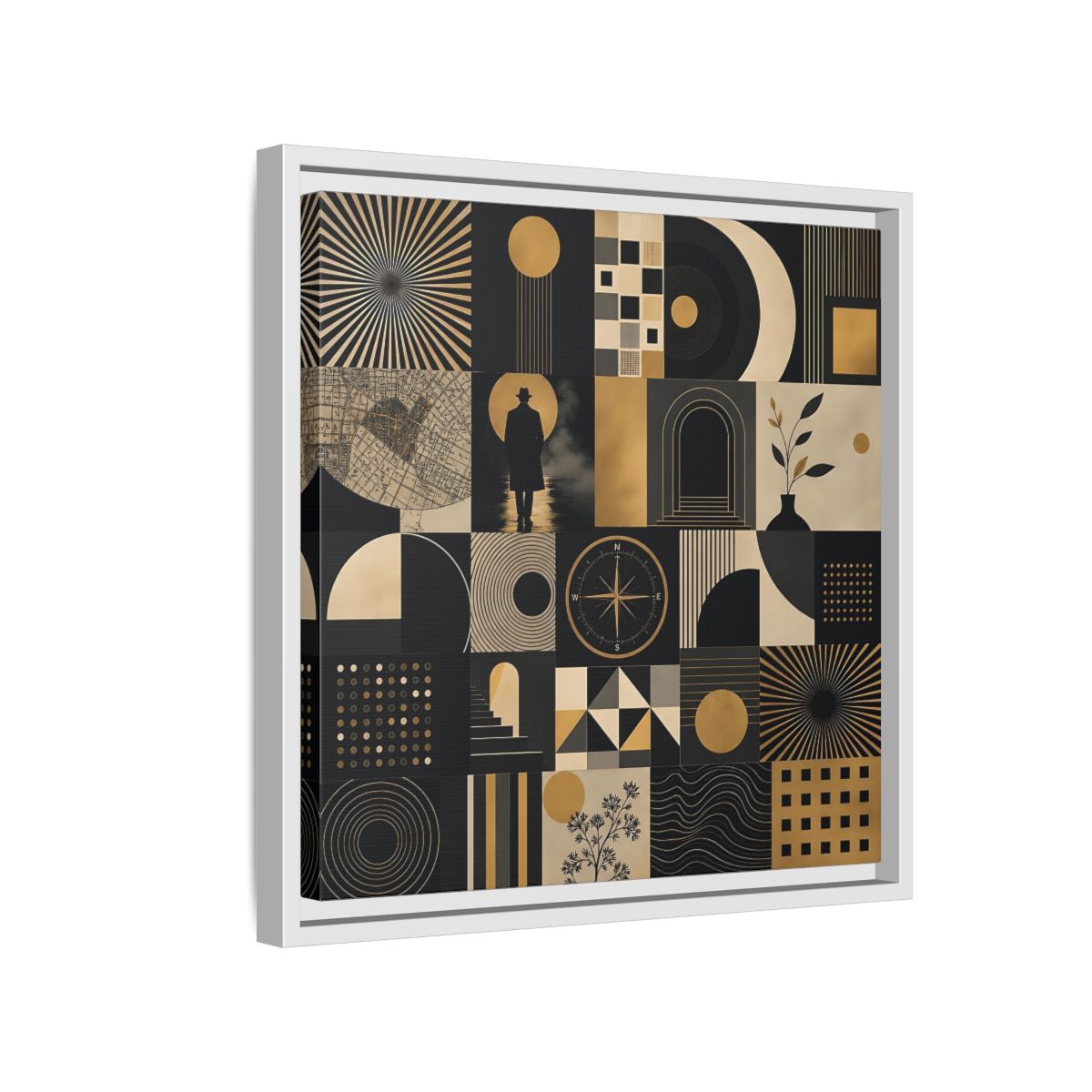 Side Mockup 13. Vintage Geometric Collage Black Gold Abstract shown as stretched canvas wall art