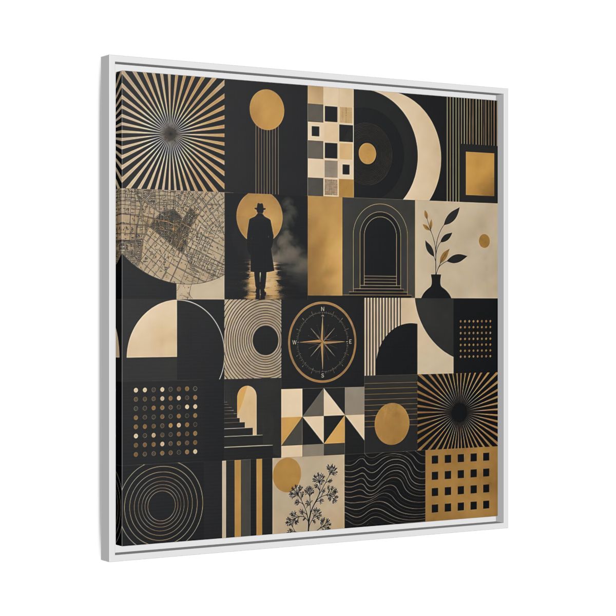 Side Mockup 25. Vintage Geometric Collage Black Gold Abstract shown as stretched canvas wall art