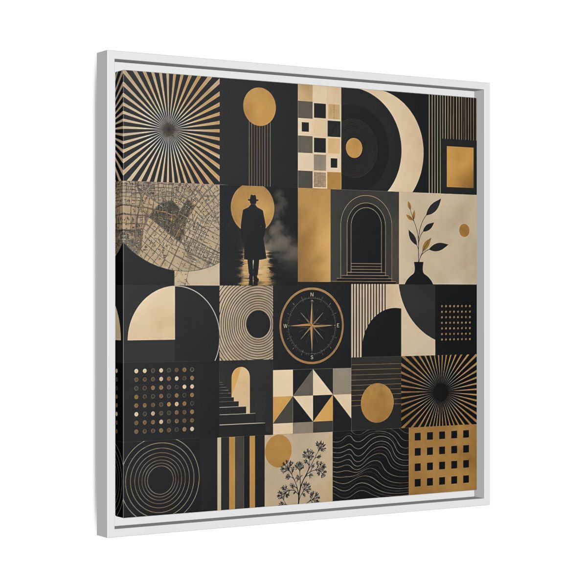 Side Mockup 26. Vintage Geometric Collage Black Gold Abstract shown as stretched canvas wall art