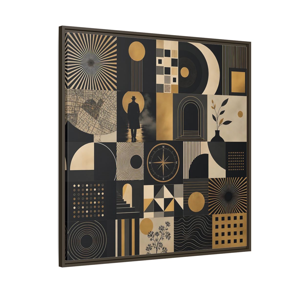 Side Mockup 5. Vintage Geometric Collage Black Gold Abstract shown as stretched canvas wall art