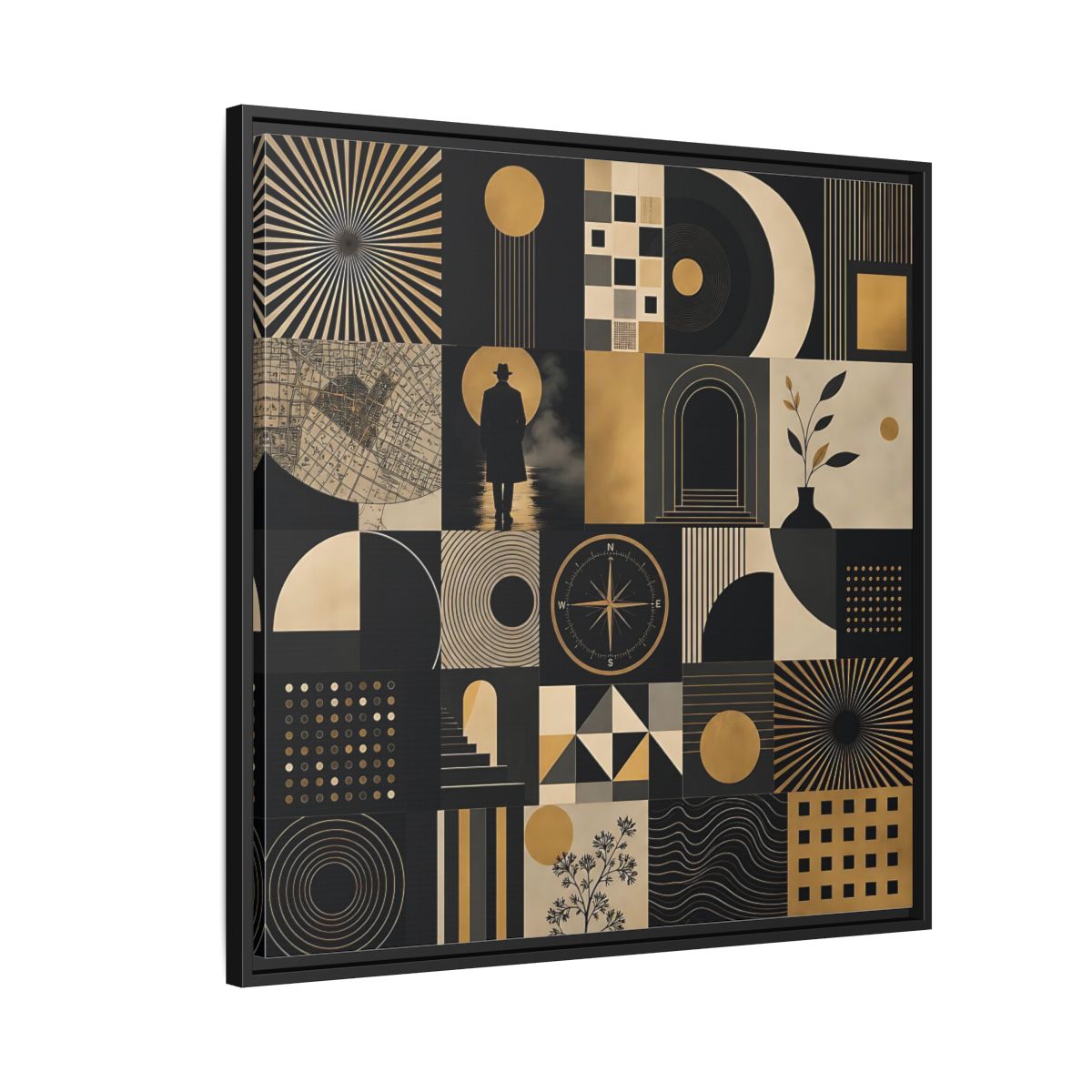 Side Mockup 9. Vintage Geometric Collage Black Gold Abstract shown as stretched canvas wall art