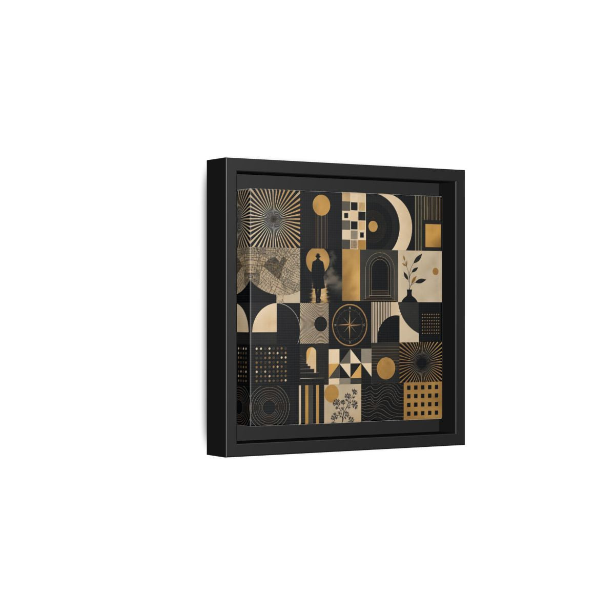 Side Mockup 3. Vintage Geometric Collage Black Gold Abstract shown as stretched canvas wall art