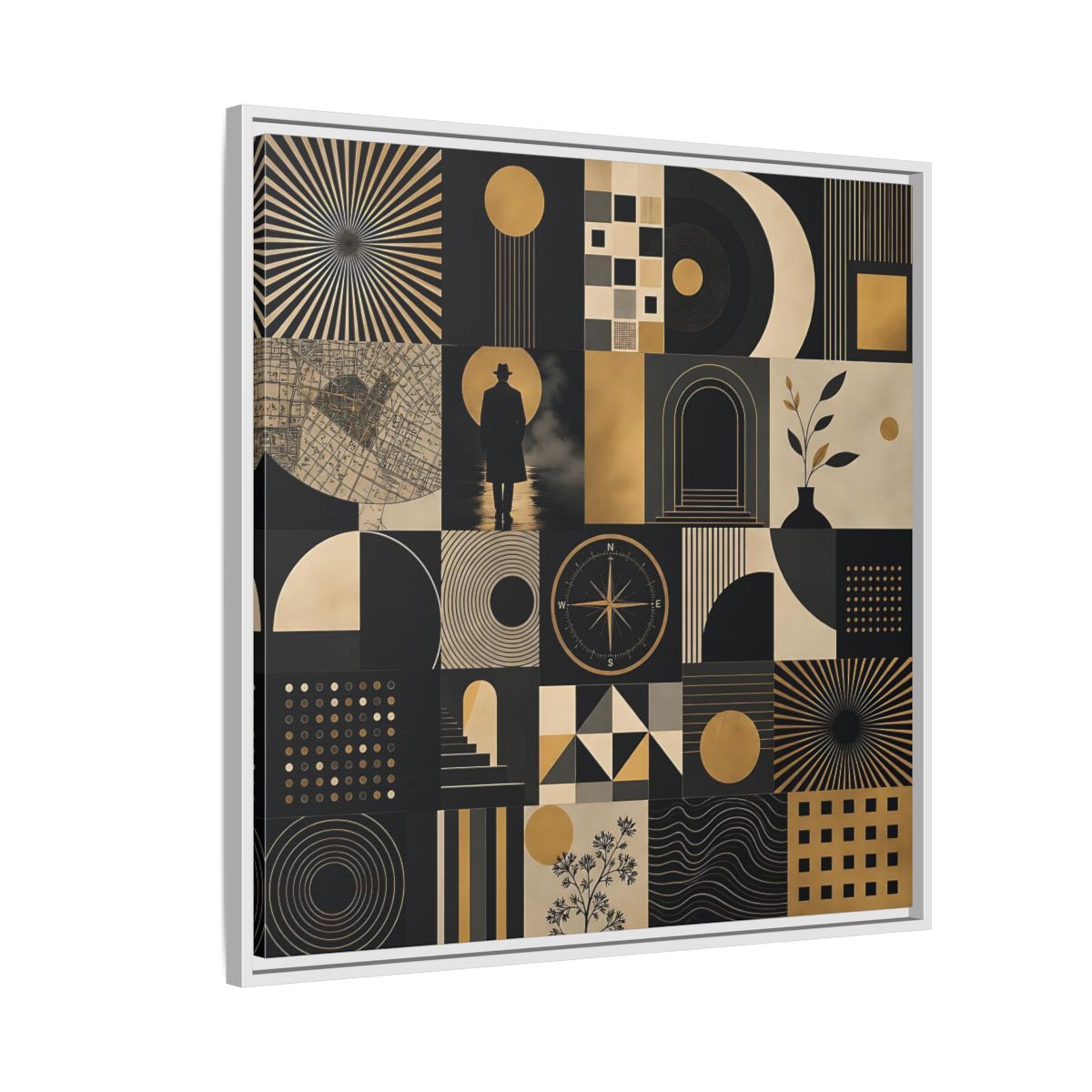 Side Mockup 7. Vintage Geometric Collage Black Gold Abstract shown as stretched canvas wall art